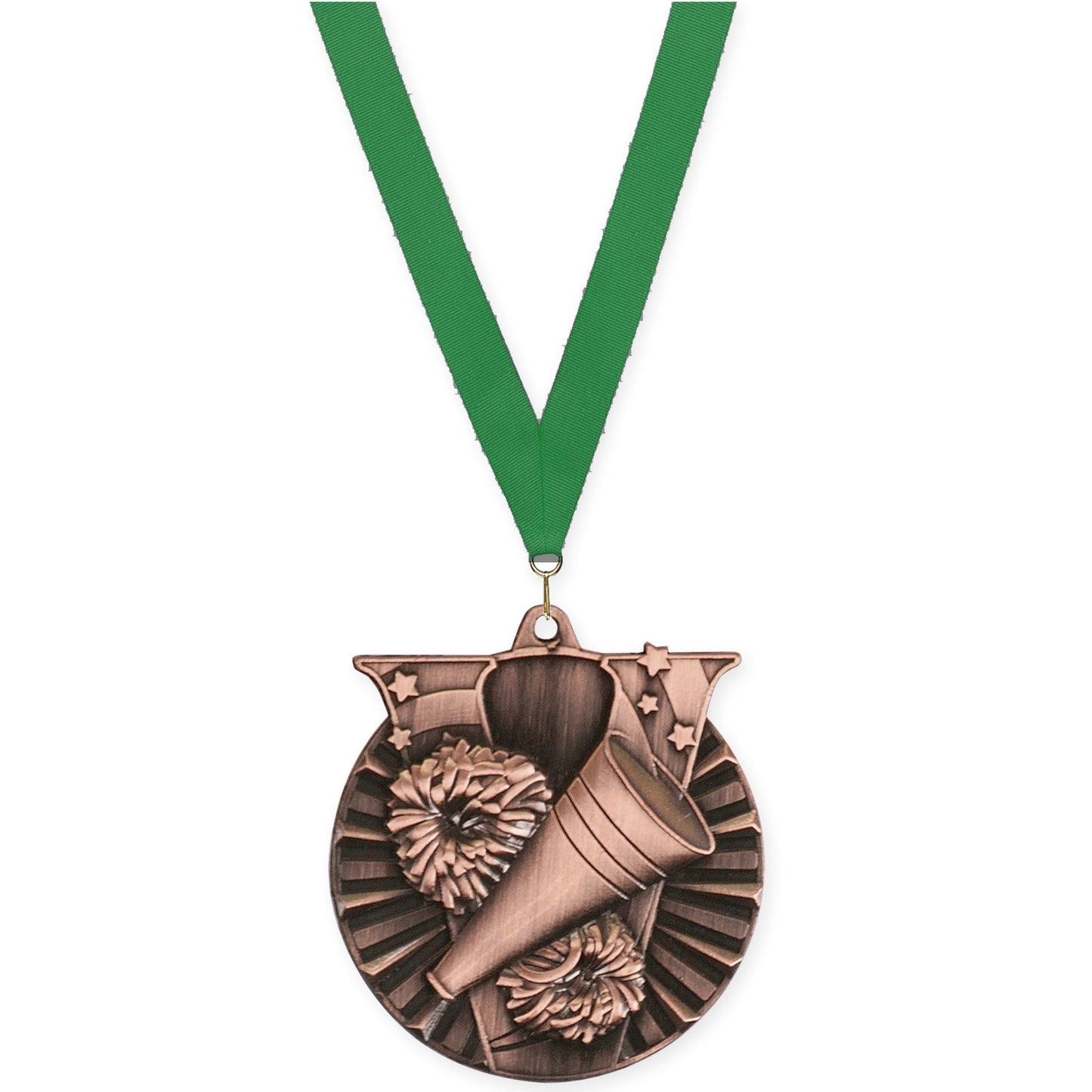 2 inch cheerleading Victory medal in antique bronze with Green neck ribbon