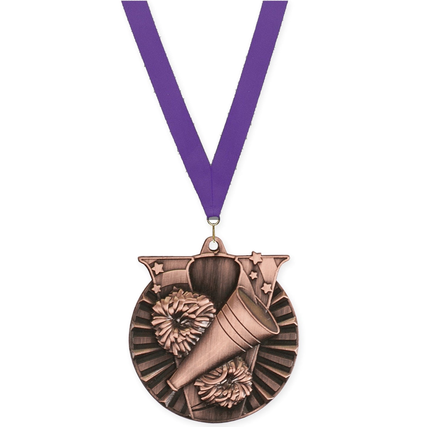 2 inch cheerleading Victory medal in antique bronze with Purple neck ribbon