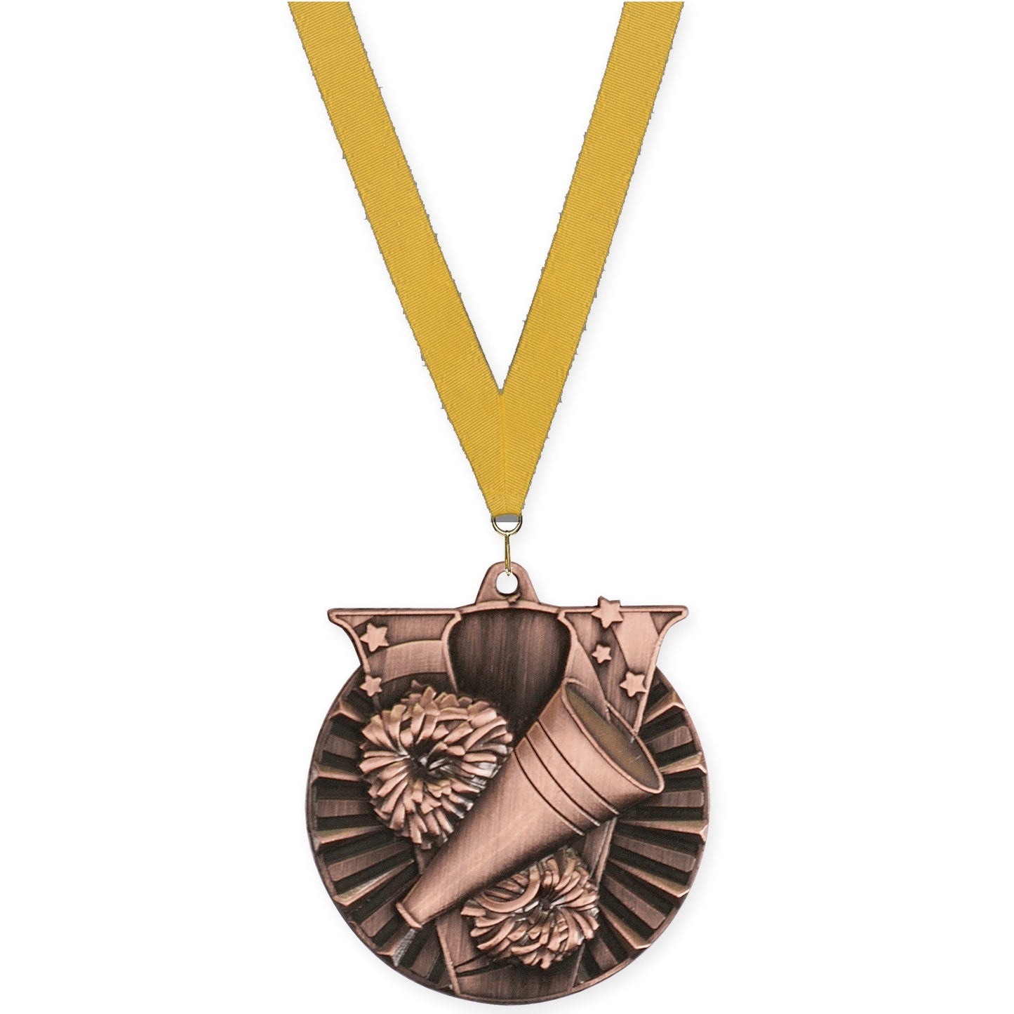 2 inch cheerleading Victory medal in antique bronze with Gold neck ribbon