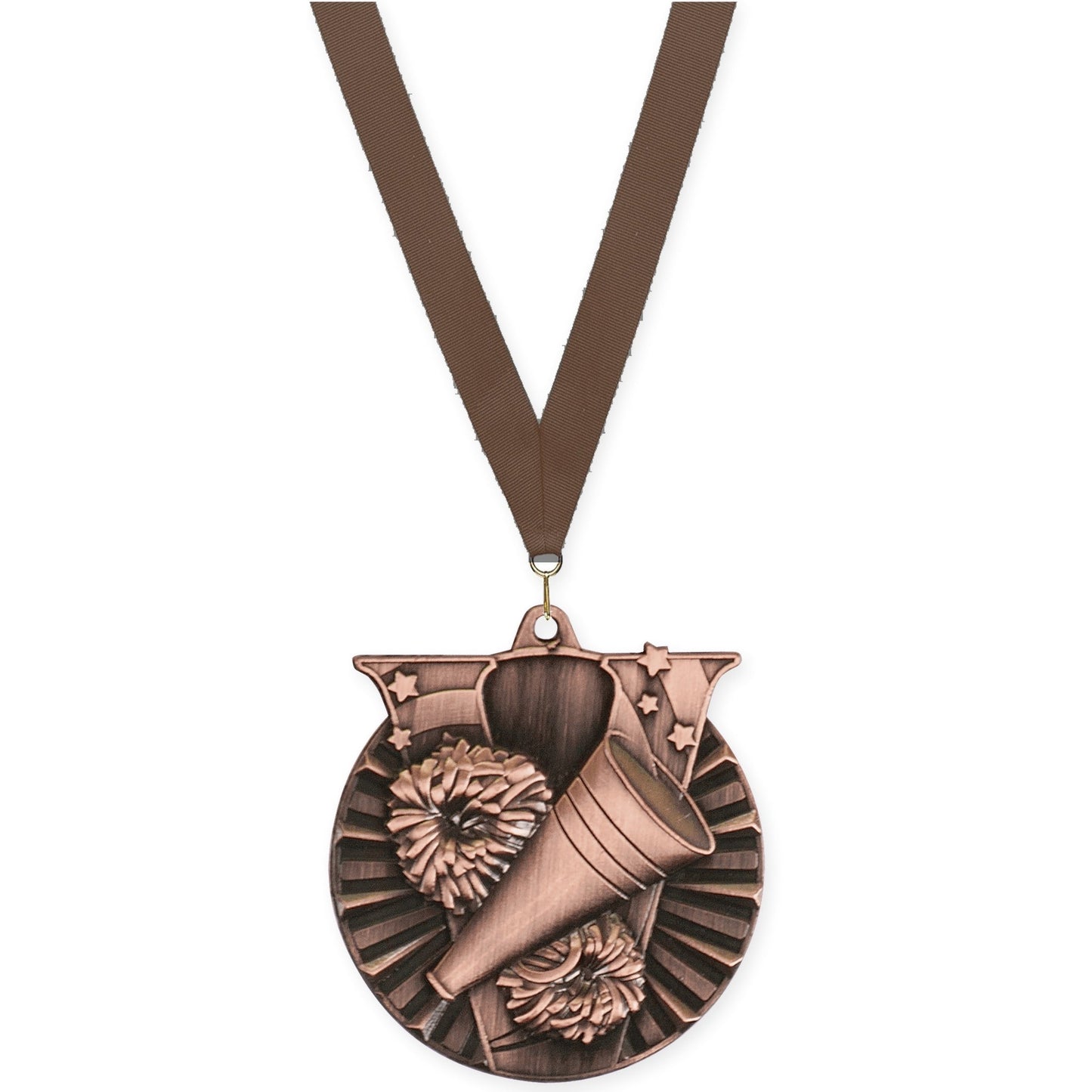 2 inch cheerleading Victory medal in antique bronze with Brown neck ribbon