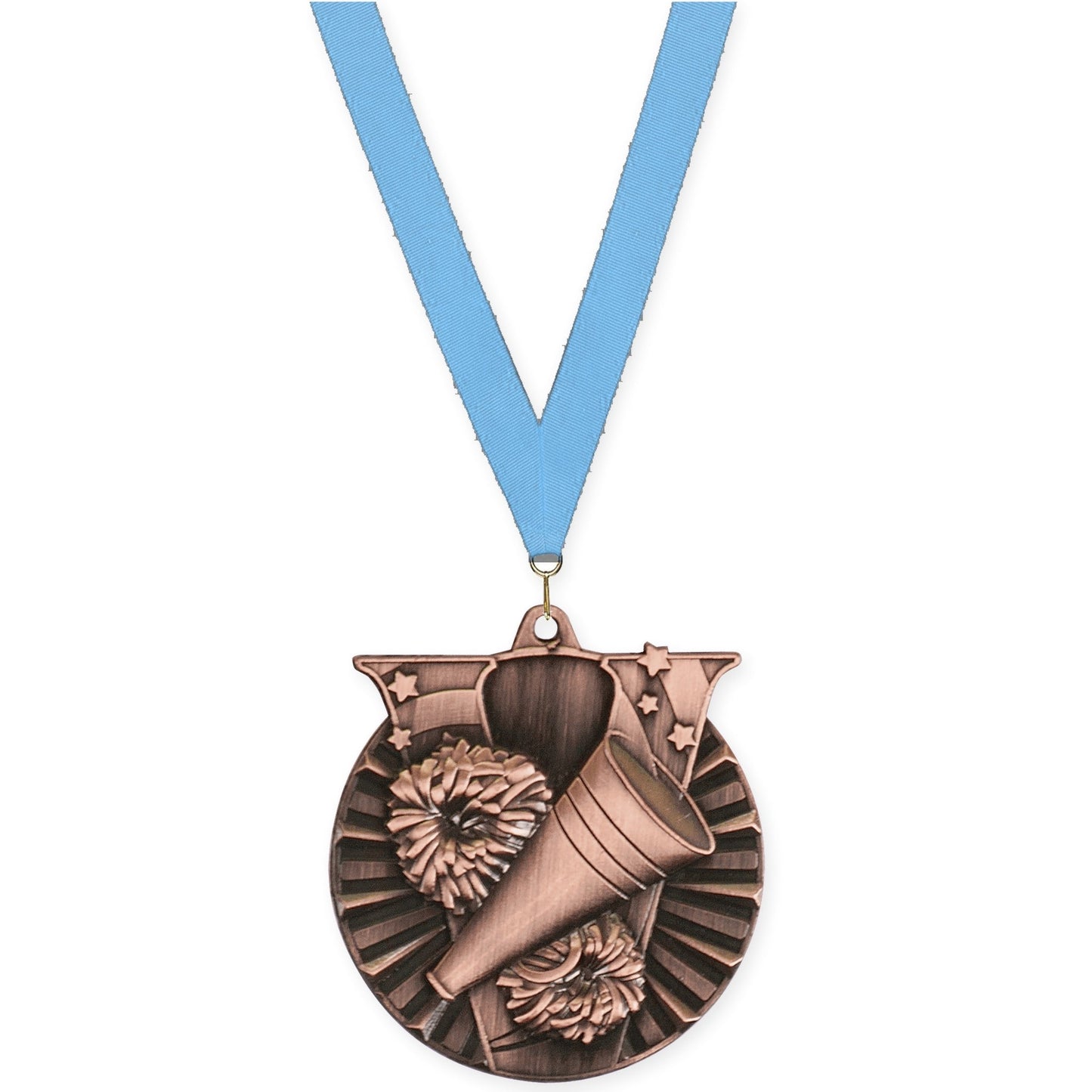 2 inch cheerleading Victory medal in antique bronze with Light Blue neck ribbon