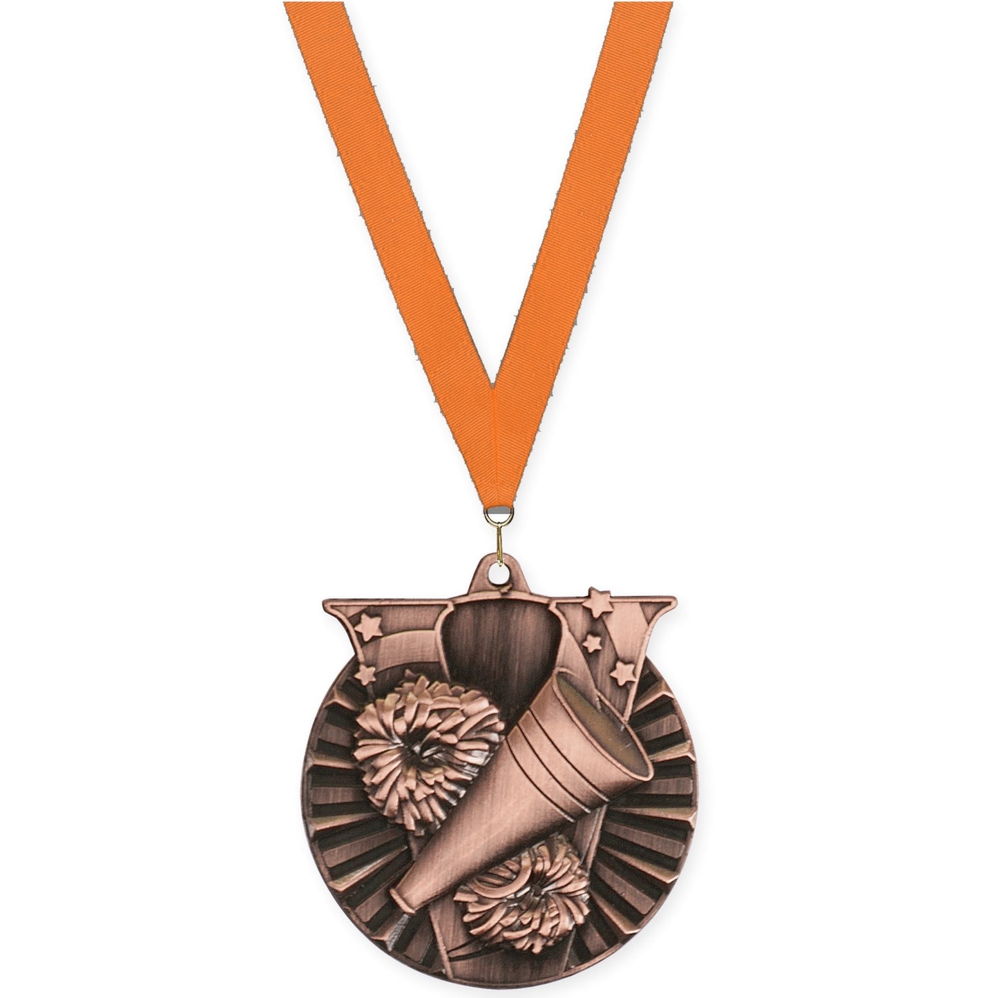 2 inch cheerleading Victory medal in antique bronze with Orange neck ribbon