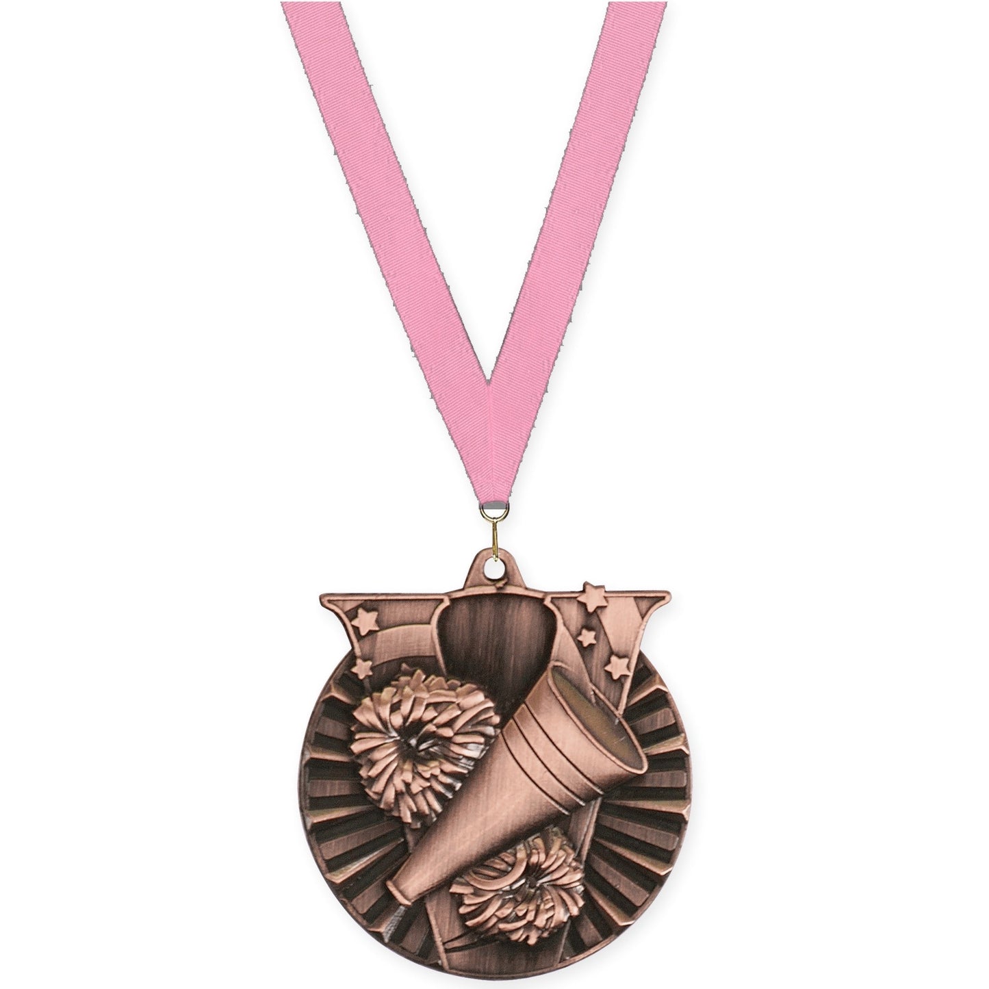 2 inch cheerleading Victory medal in antique bronze with Pink neck ribbon