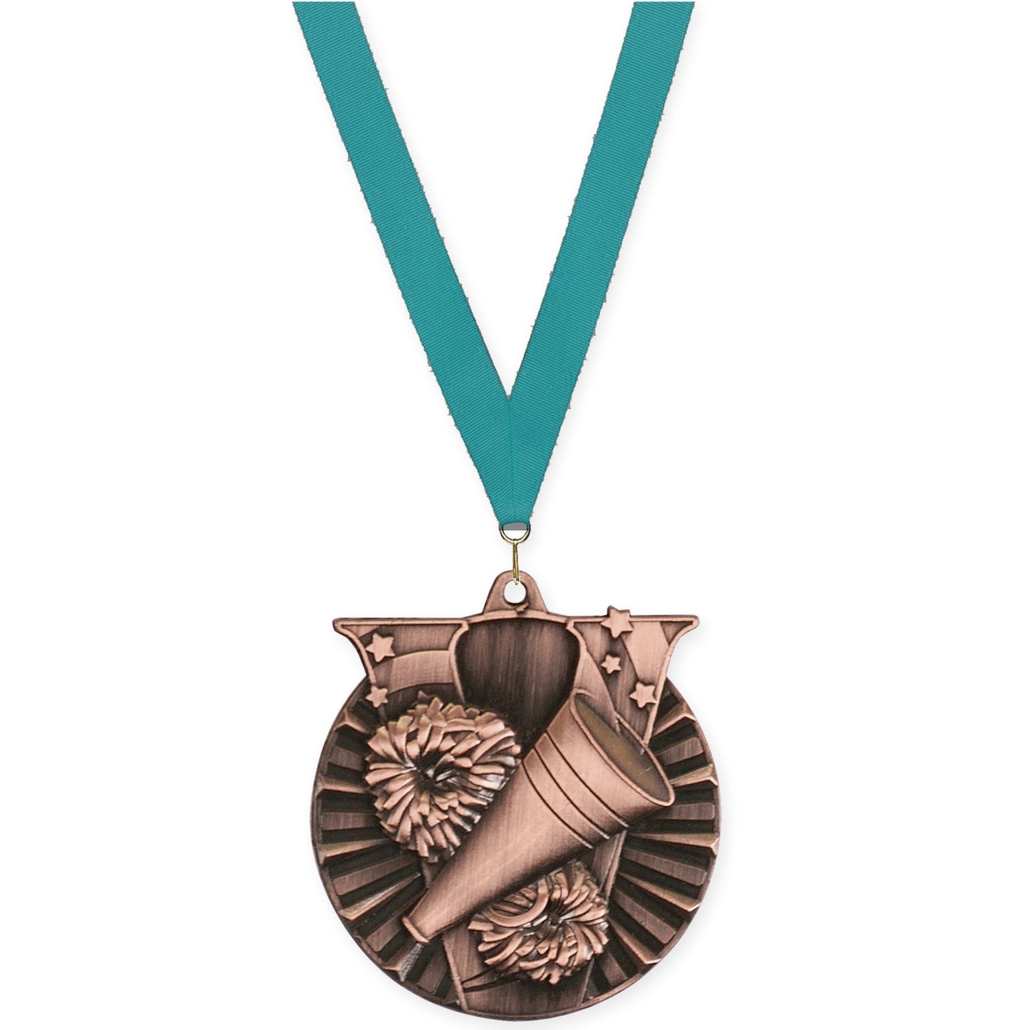 2 inch cheerleading Victory medal in antique bronze with Teal neck ribbon