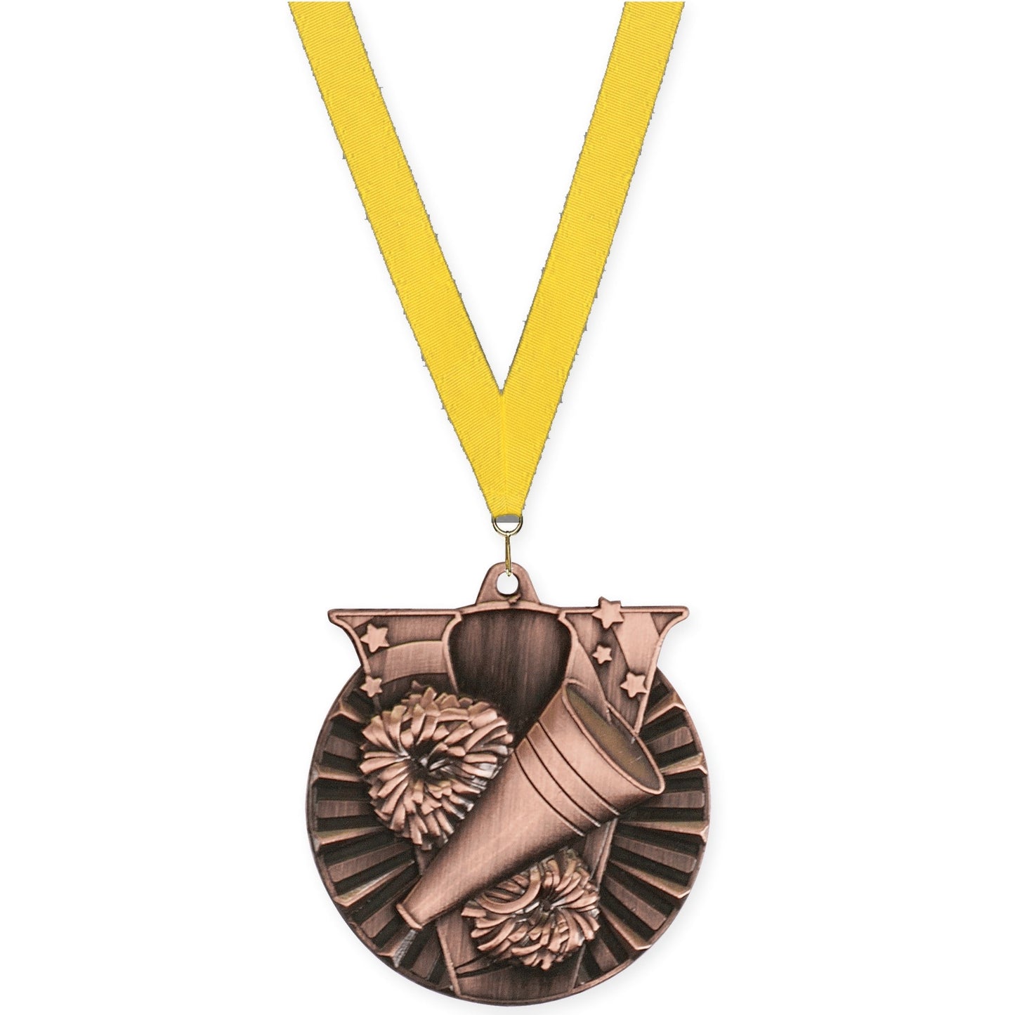 2 inch cheerleading Victory medal in antique bronze with Yellow neck ribbon