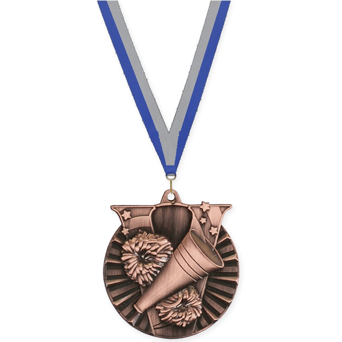 2 inch cheerleading Victory medal in antique bronze with Blue Gray neck ribbon
