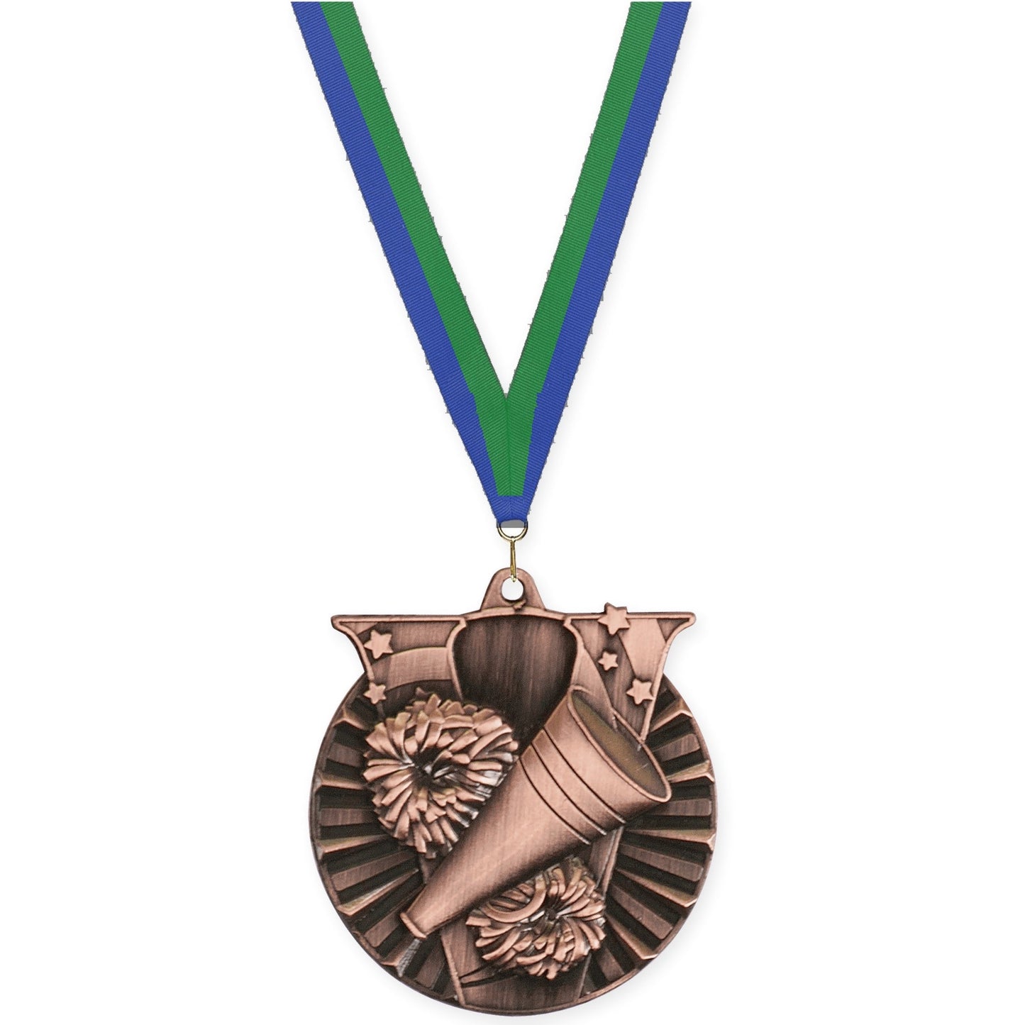2 inch cheerleading Victory medal in antique bronze with Blue Green neck ribbon