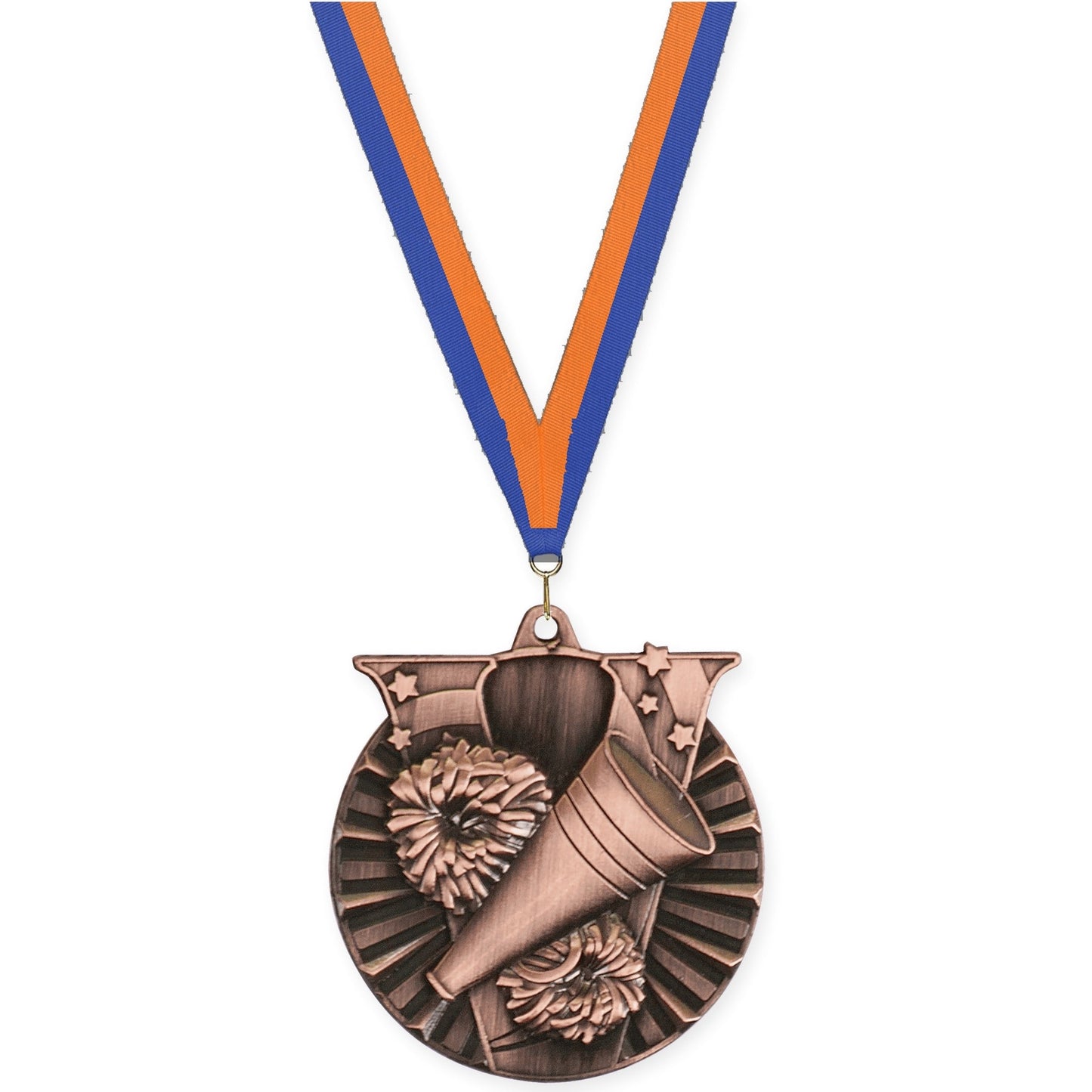 2 inch cheerleading Victory medal in antique bronze with Blue Orange neck ribbon