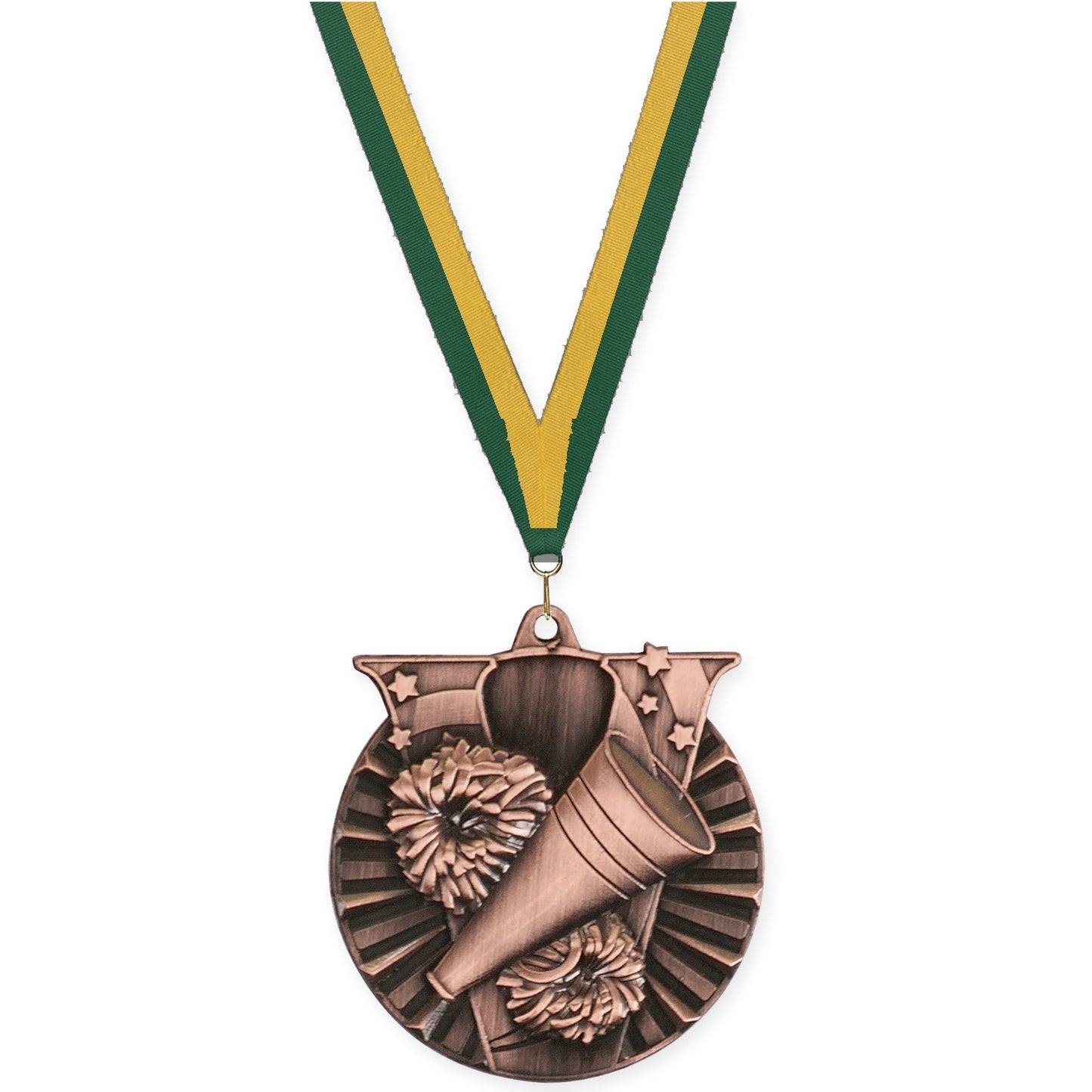 2 inch cheerleading Victory medal in antique bronze with Hunter Green Gold neck ribbon