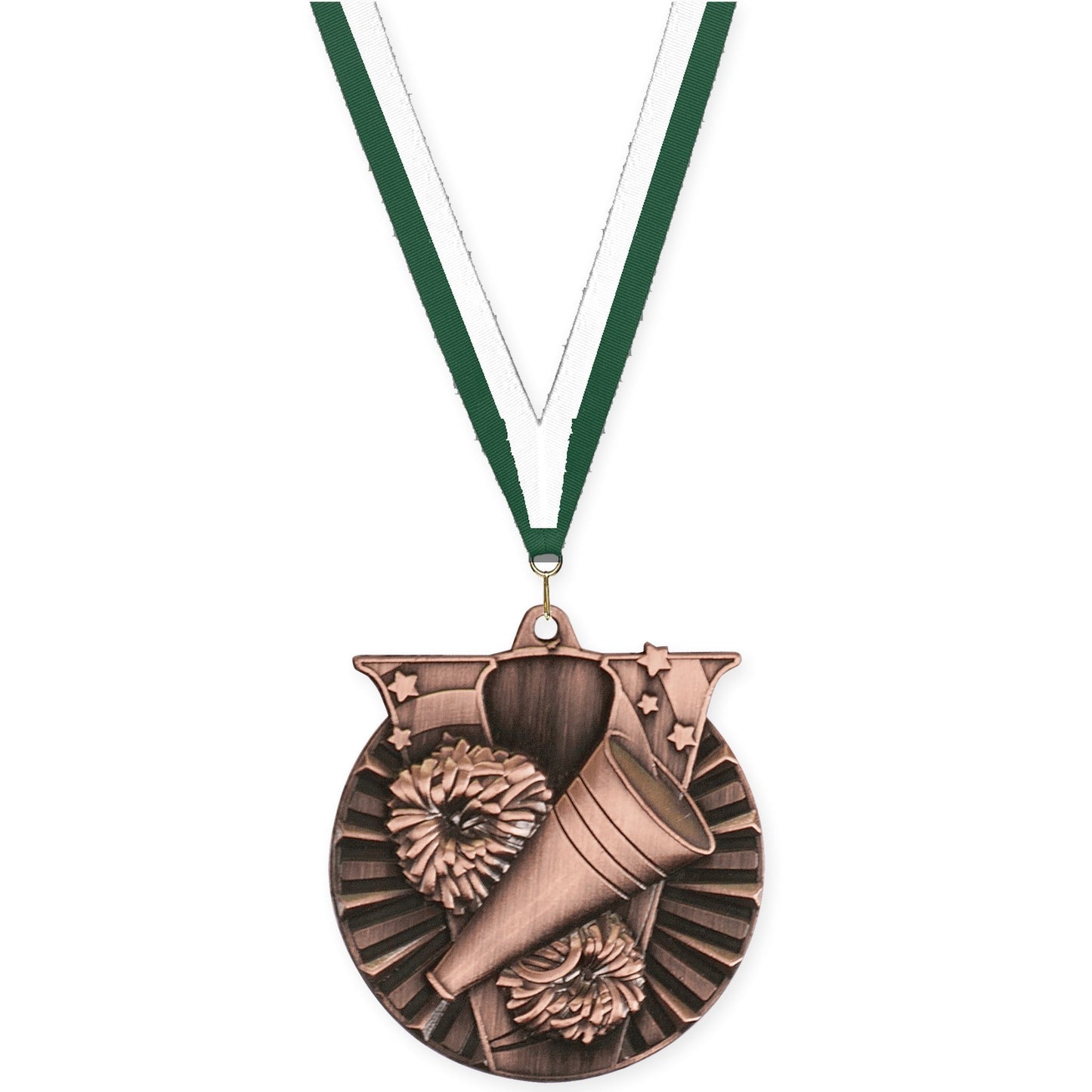 2 inch cheerleading Victory medal in antique bronze with Hunter Green White neck ribbon