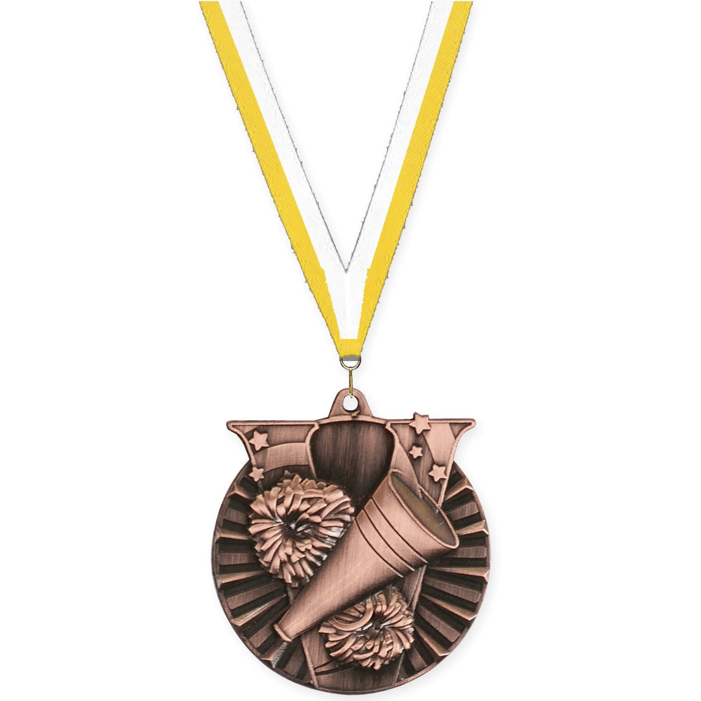 2 inch cheerleading Victory medal in antique bronze with Yellow White neck ribbon