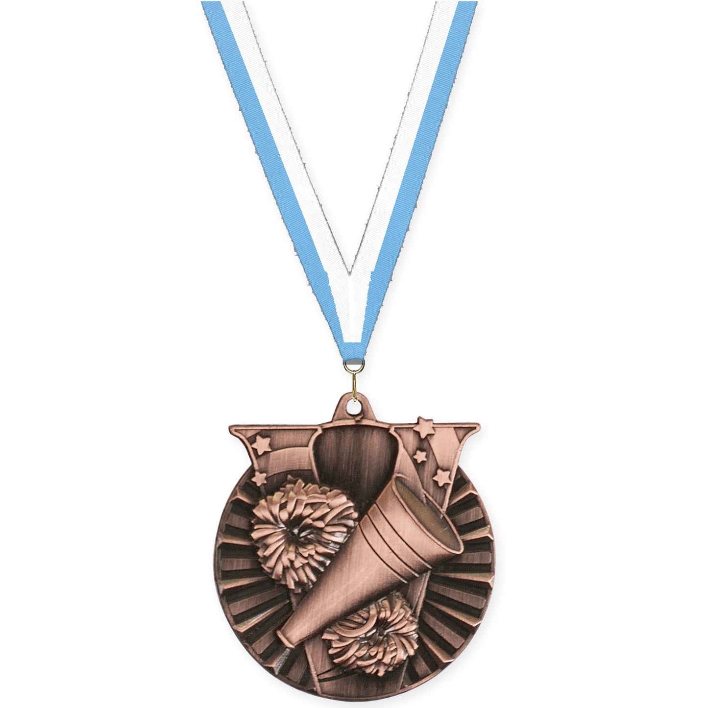 2 inch cheerleading Victory medal in antique bronze with Light Blue White neck ribbon