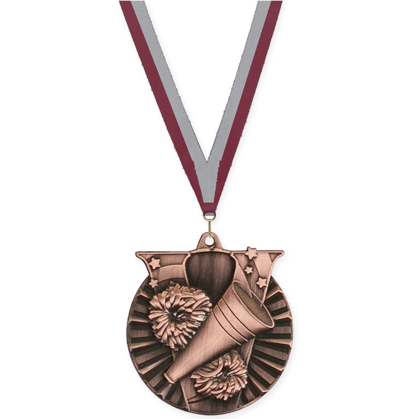 2 inch cheerleading Victory medal in antique bronze with Maroon Gray neck ribbon