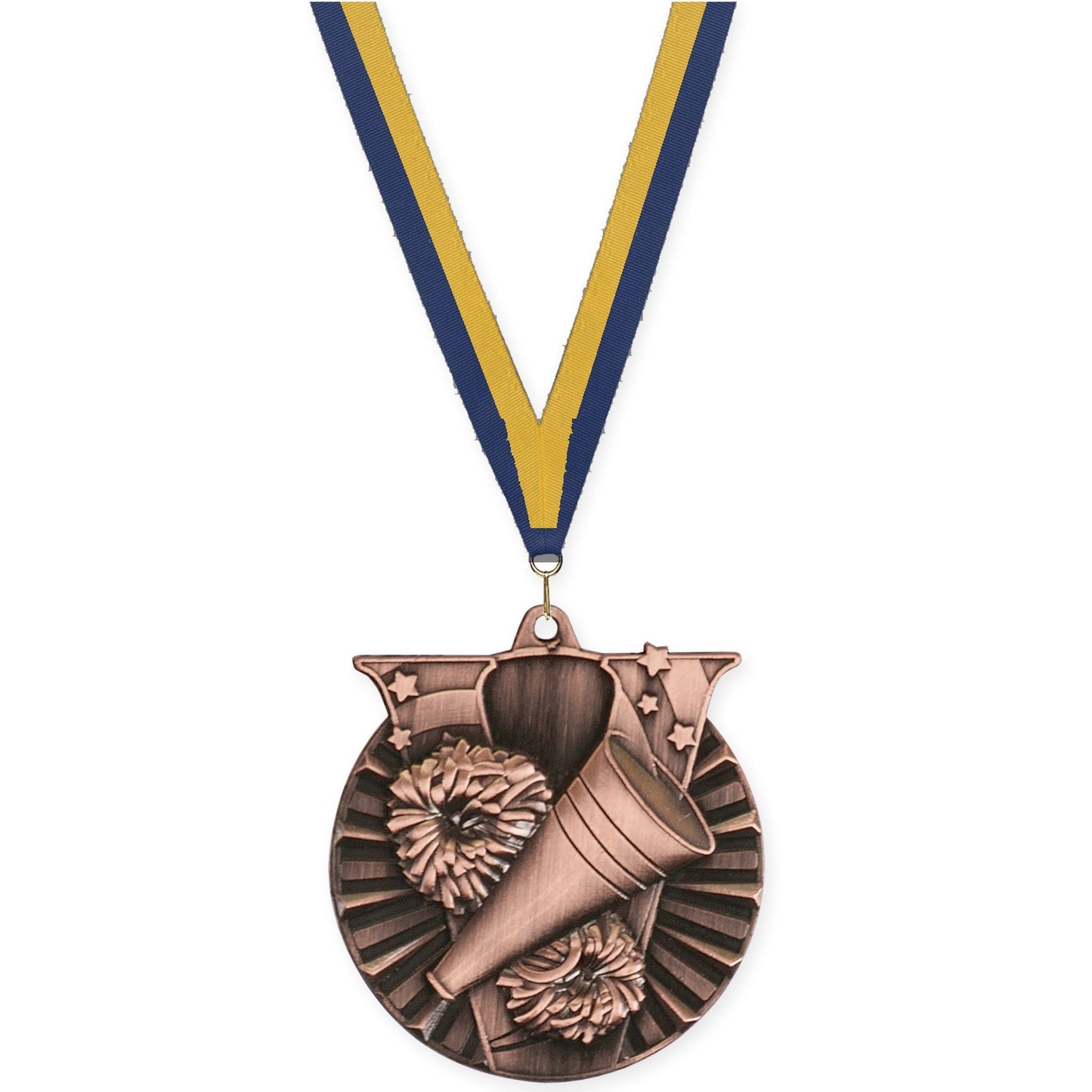 2 inch cheerleading Victory medal in antique bronze with Navy Gold neck ribbon