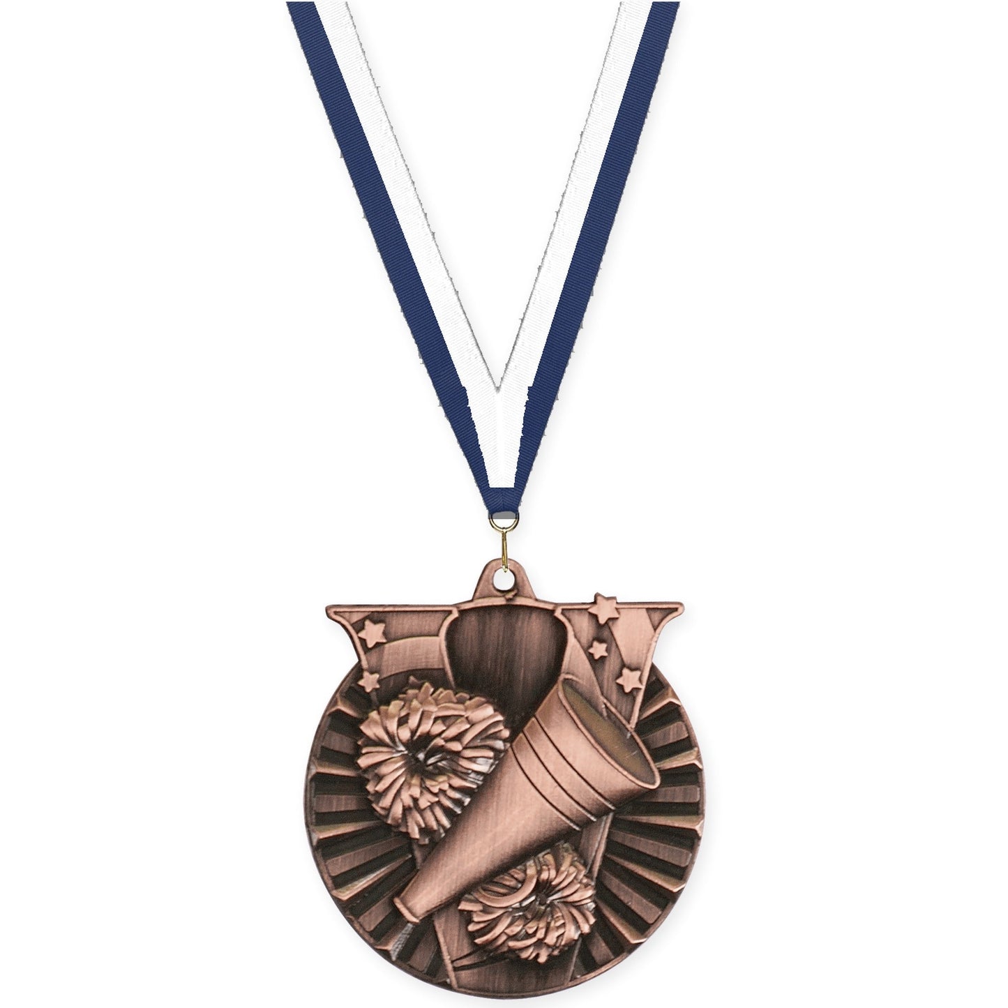 2 inch cheerleading Victory medal in antique bronze with Navy White neck ribbon