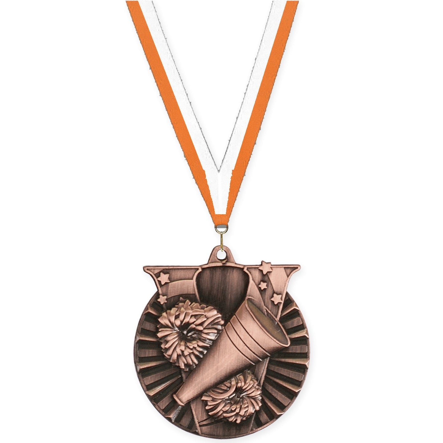 2 inch cheerleading Victory medal in antique bronze with Orange White neck ribbon