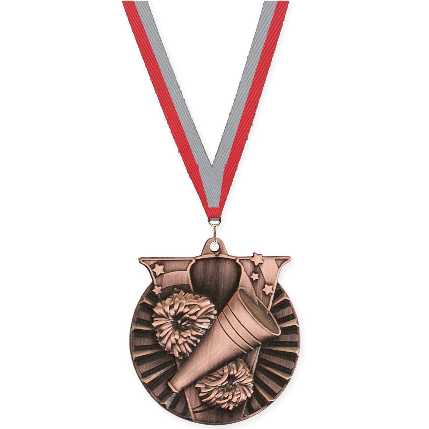 2 inch cheerleading Victory medal in antique bronze with Red Gray neck ribbon