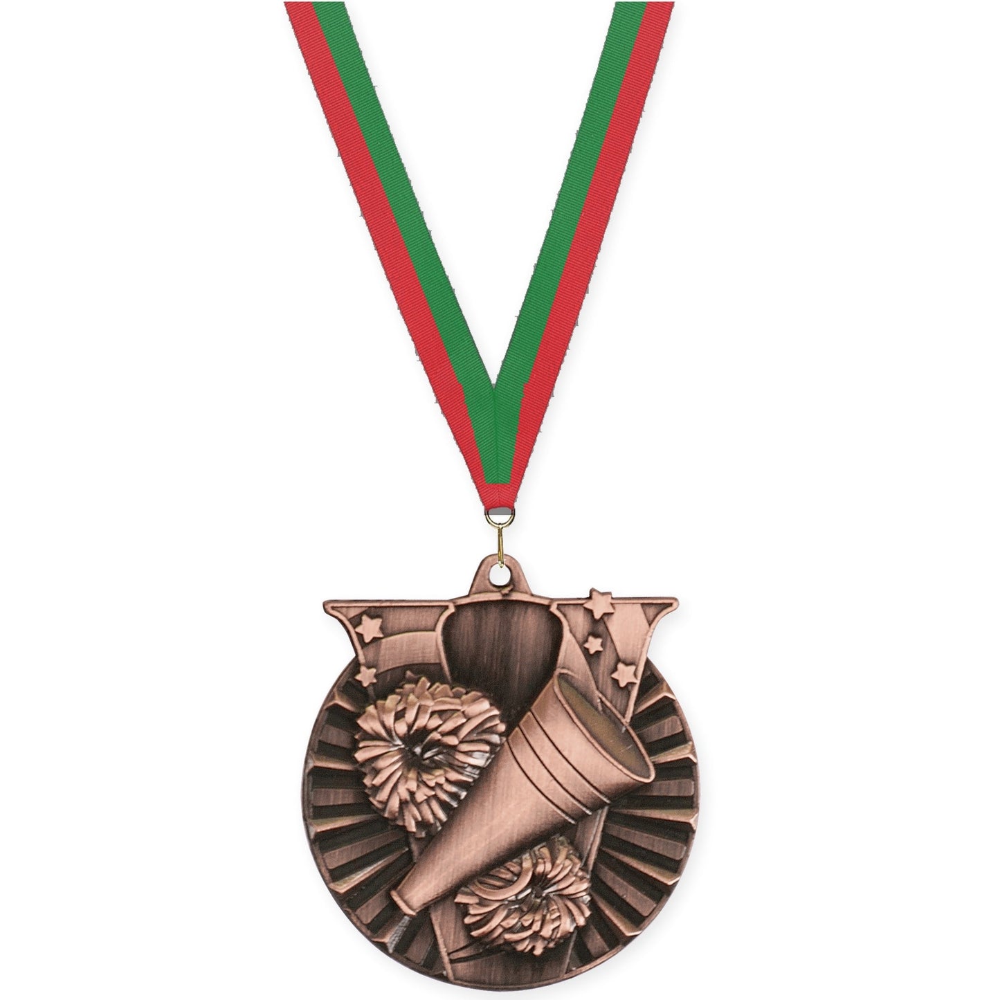 2 inch cheerleading Victory medal in antique bronze with Red Green neck ribbon