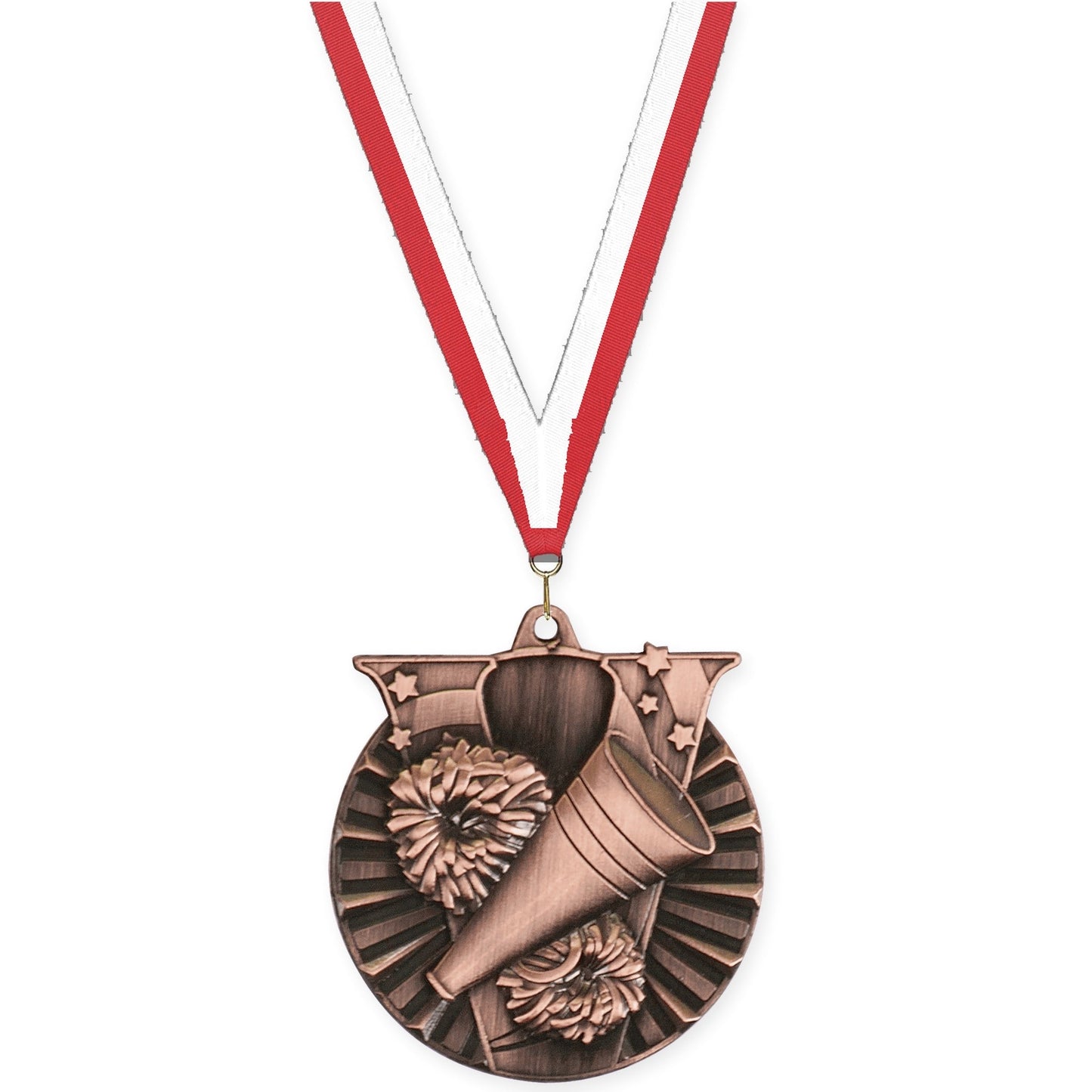 2 inch cheerleading Victory medal in antique bronze with Red White neck ribbon