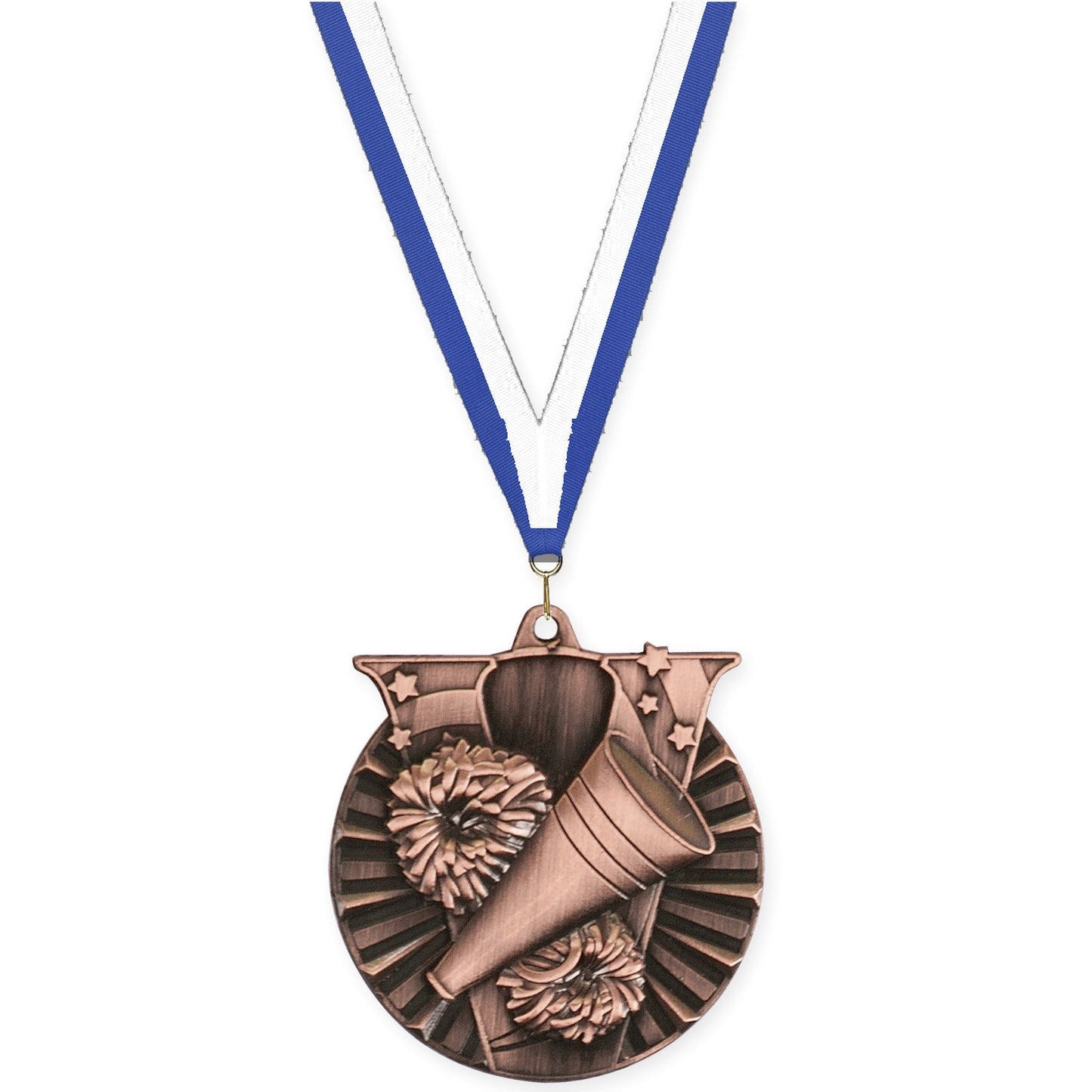 2 inch cheerleading Victory medal in antique bronze with Blue White neck ribbon
