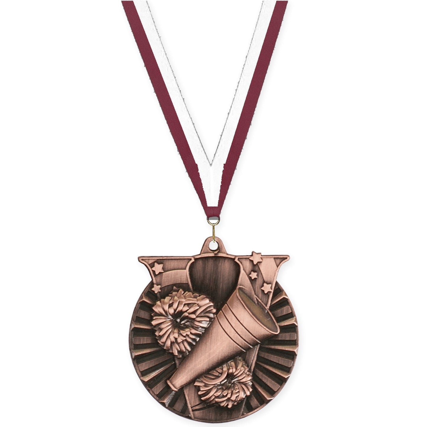 2 inch cheerleading Victory medal in antique bronze with Maroon White neck ribbon