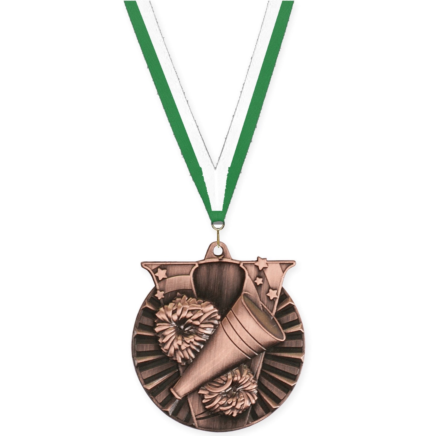 2 inch cheerleading Victory medal in antique bronze with Green White neck ribbon