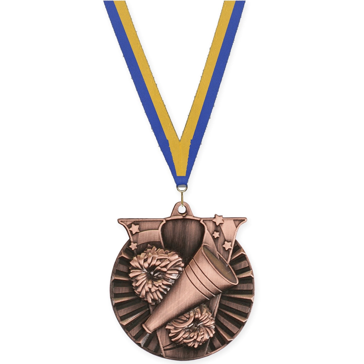 2 inch cheerleading Victory medal in antique bronze with Blue Gold neck ribbon