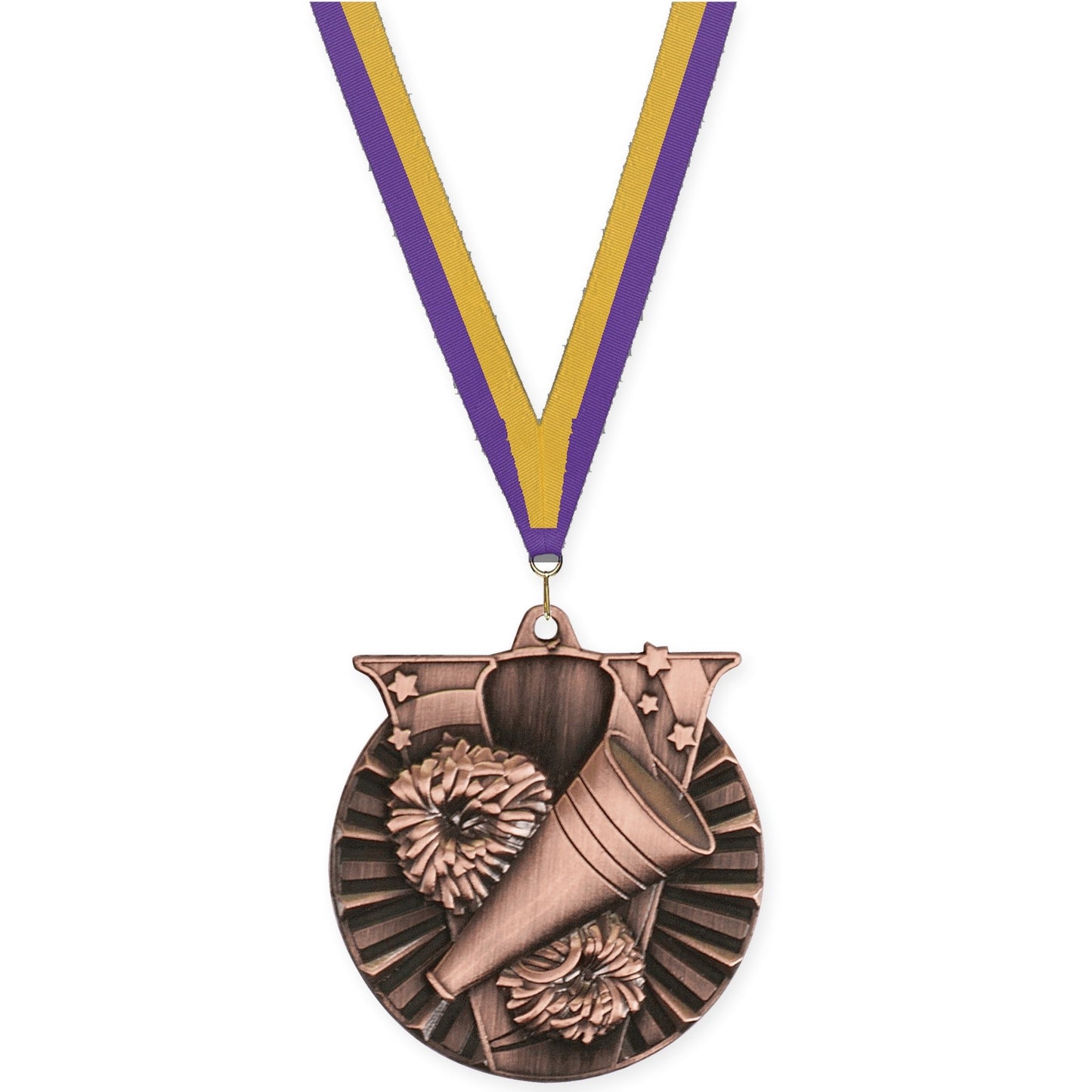 2 inch cheerleading Victory medal in antique bronze with Purple Gold neck ribbon