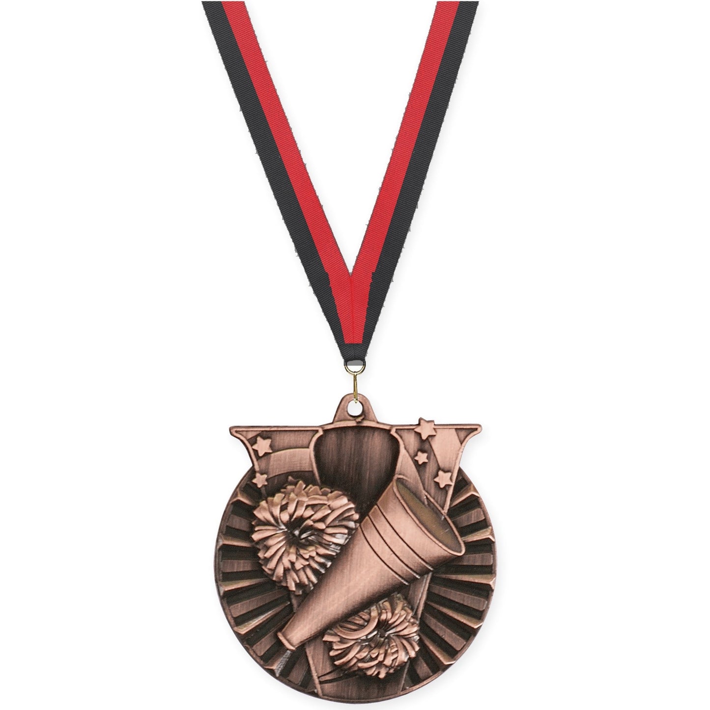2 inch cheerleading Victory medal in antique bronze with Black Red neck ribbon