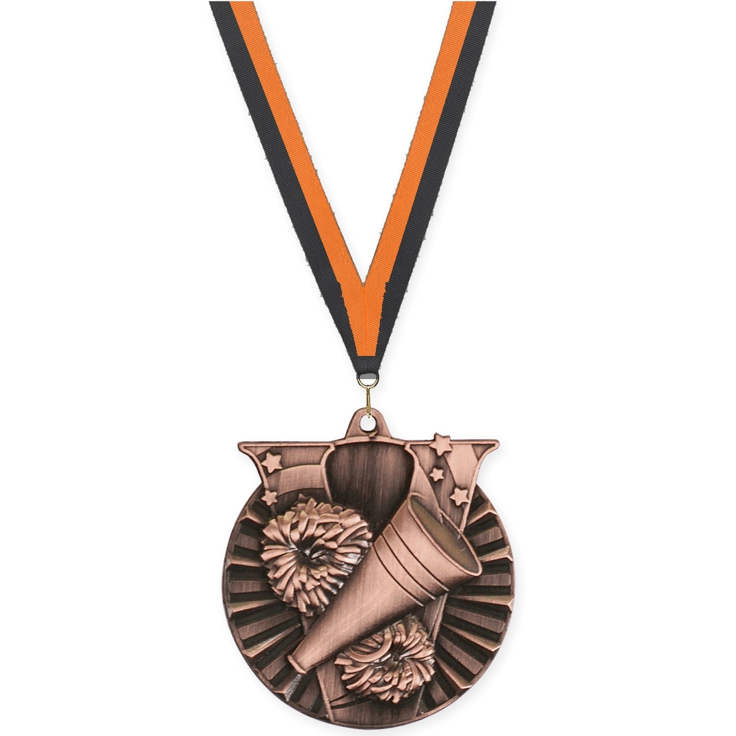 2 inch cheerleading Victory medal in antique bronze with Black Orange neck ribbon