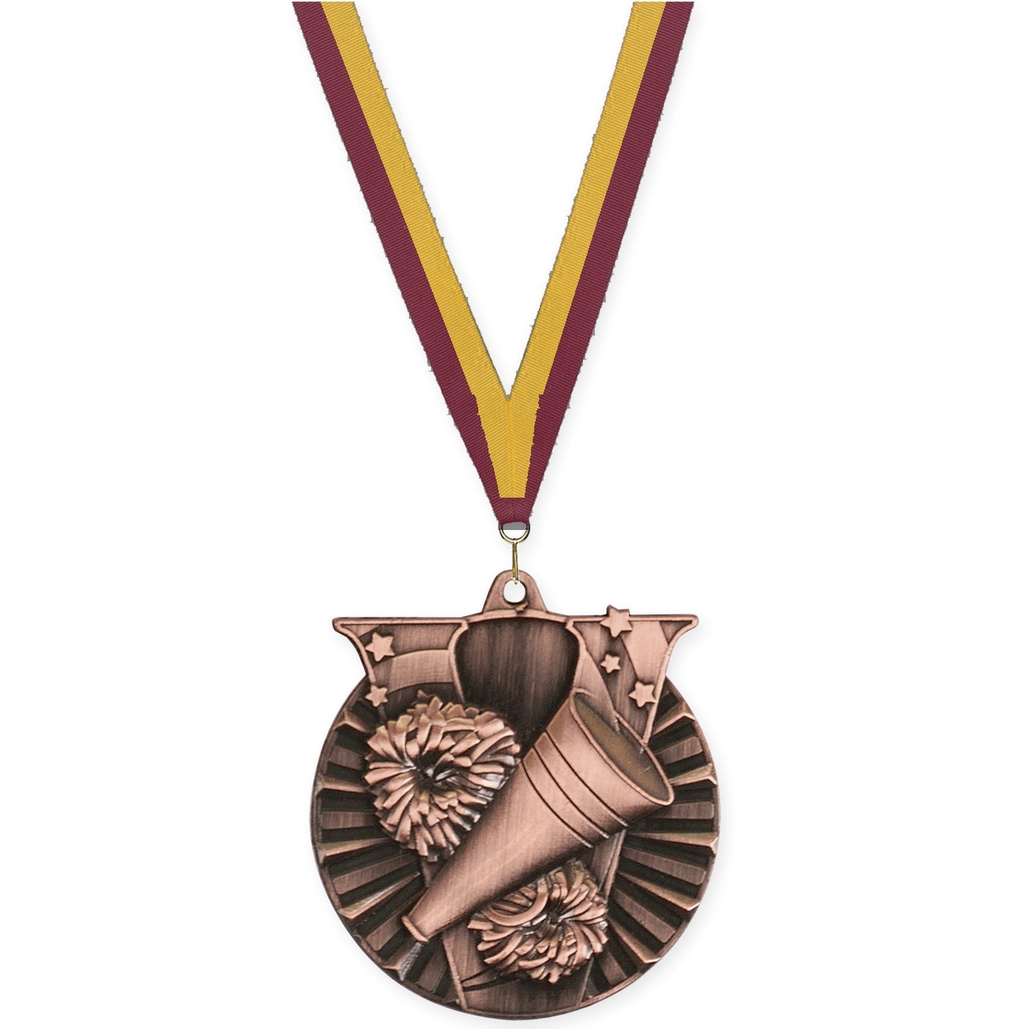 2 inch cheerleading Victory medal in antique bronze with Maroon Gold neck ribbon