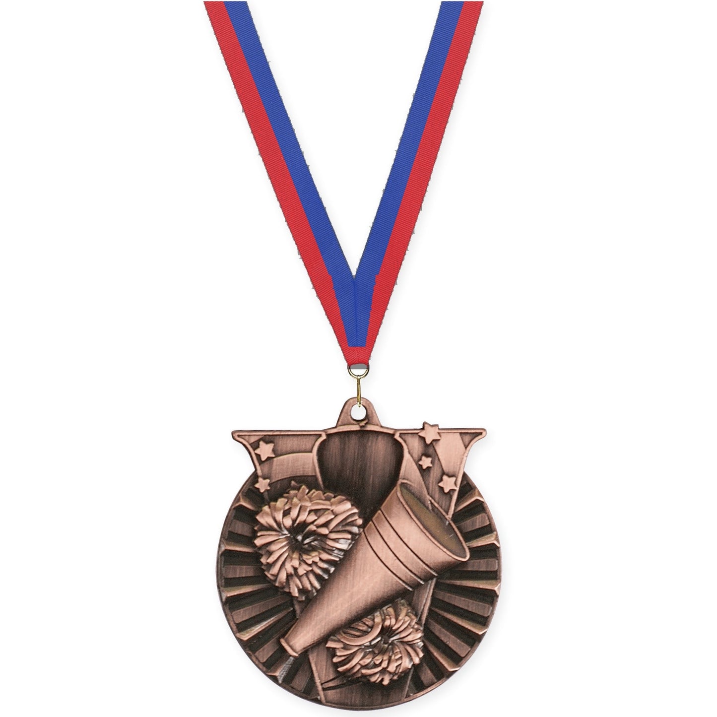 2 inch cheerleading Victory medal in antique bronze with Blue Red neck ribbon