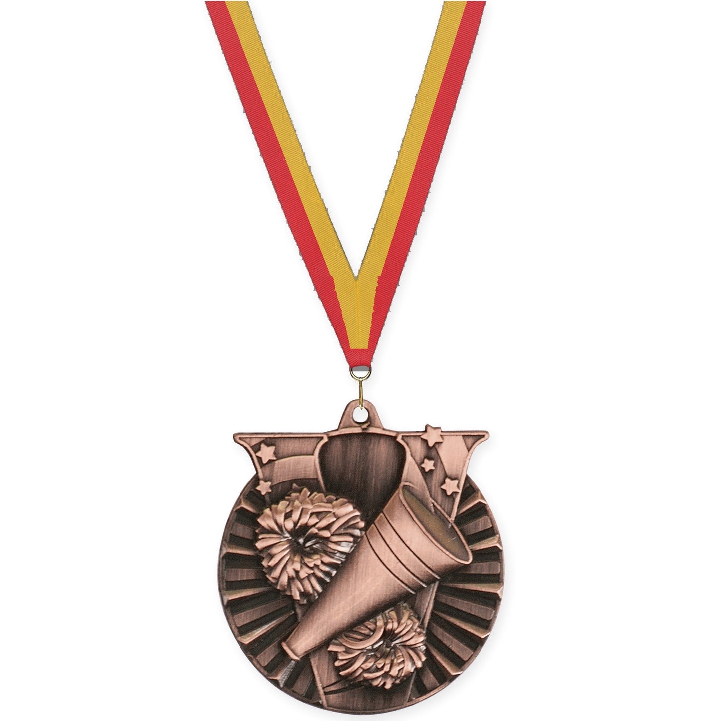 2 inch cheerleading Victory medal in antique bronze with Red Gold neck ribbon