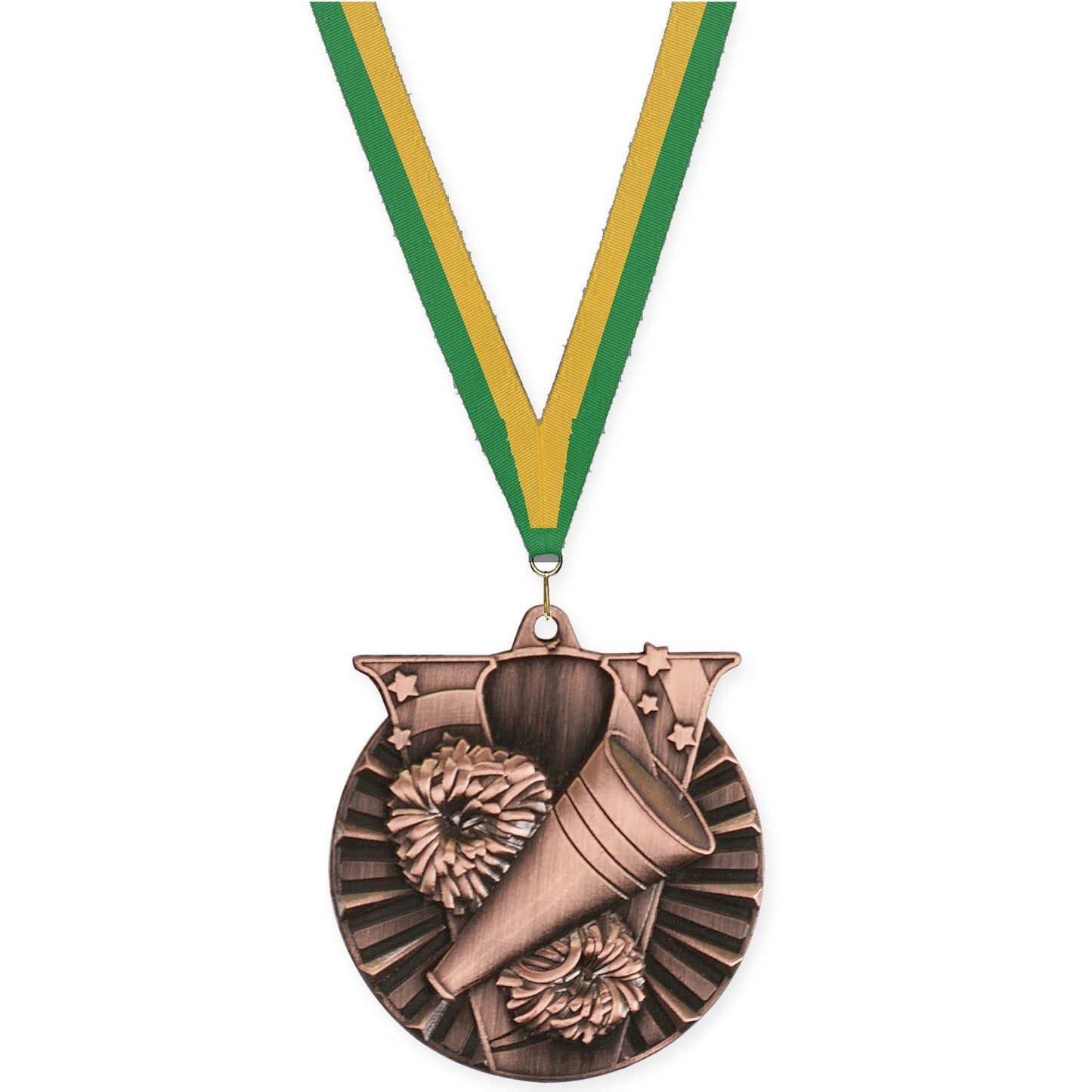 2 inch cheerleading Victory medal in antique bronze with Green Gold neck ribbon