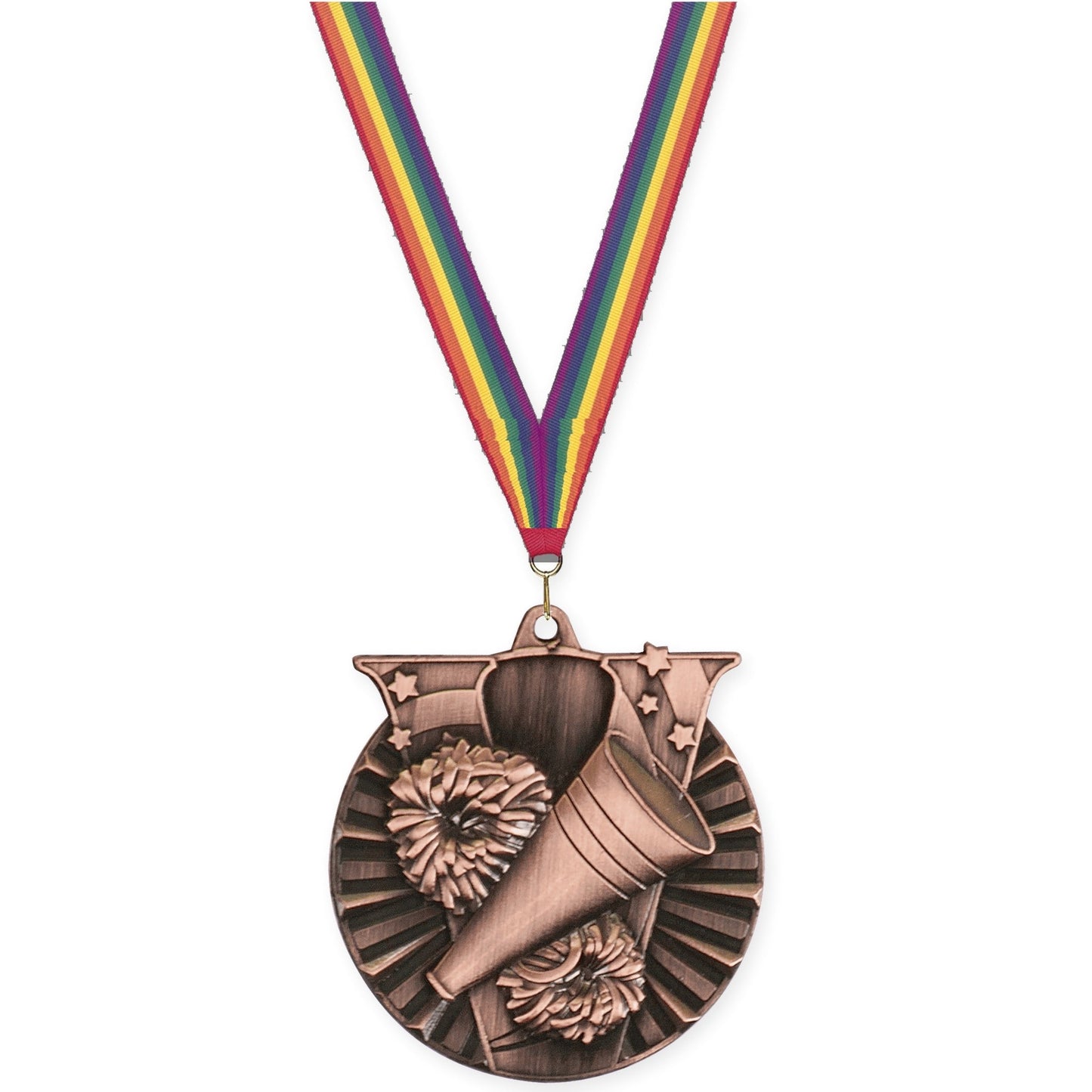 2 inch cheerleading Victory medal in antique bronze with Rainbow neck ribbon
