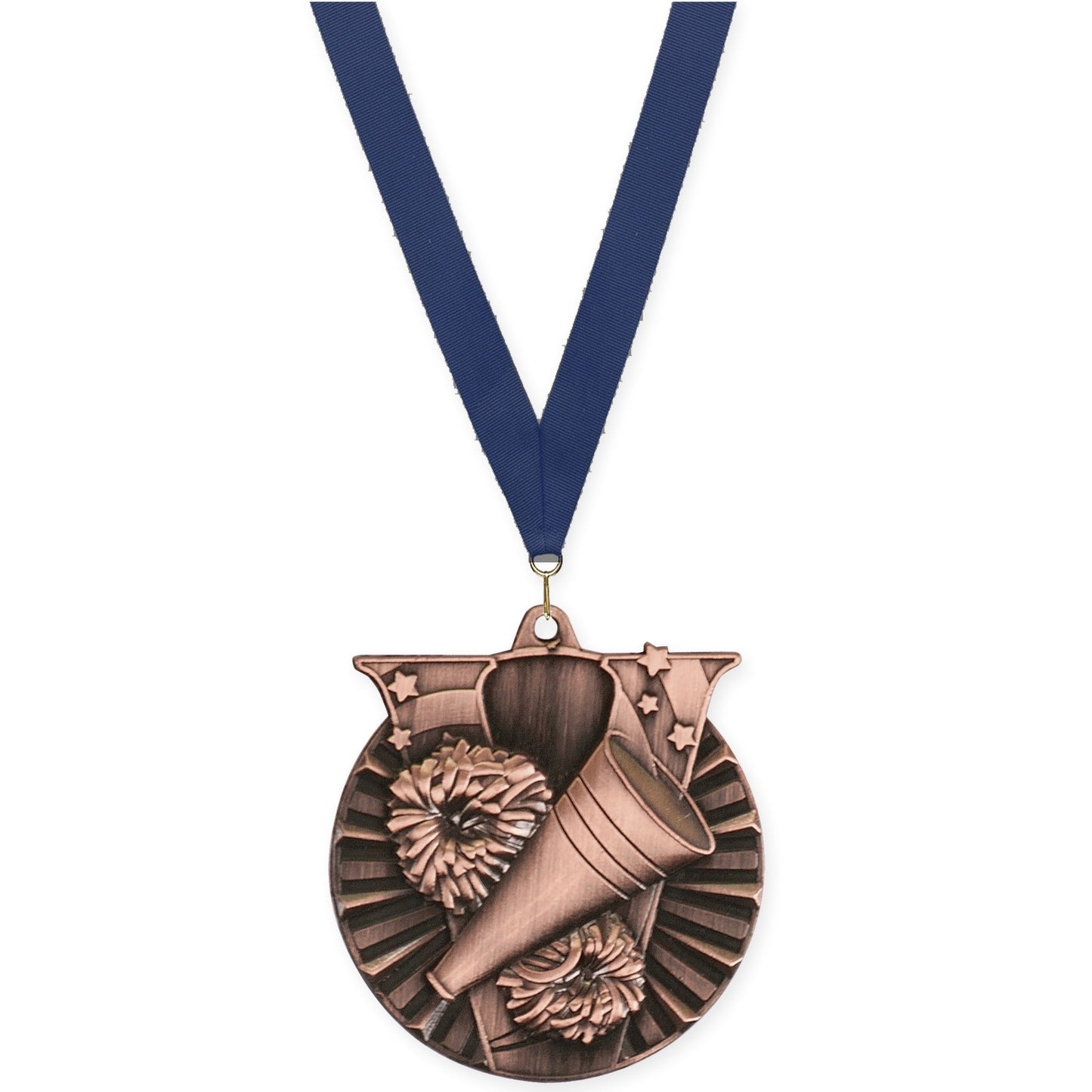 2 inch cheerleading Victory medal in antique bronze with Navy neck ribbon