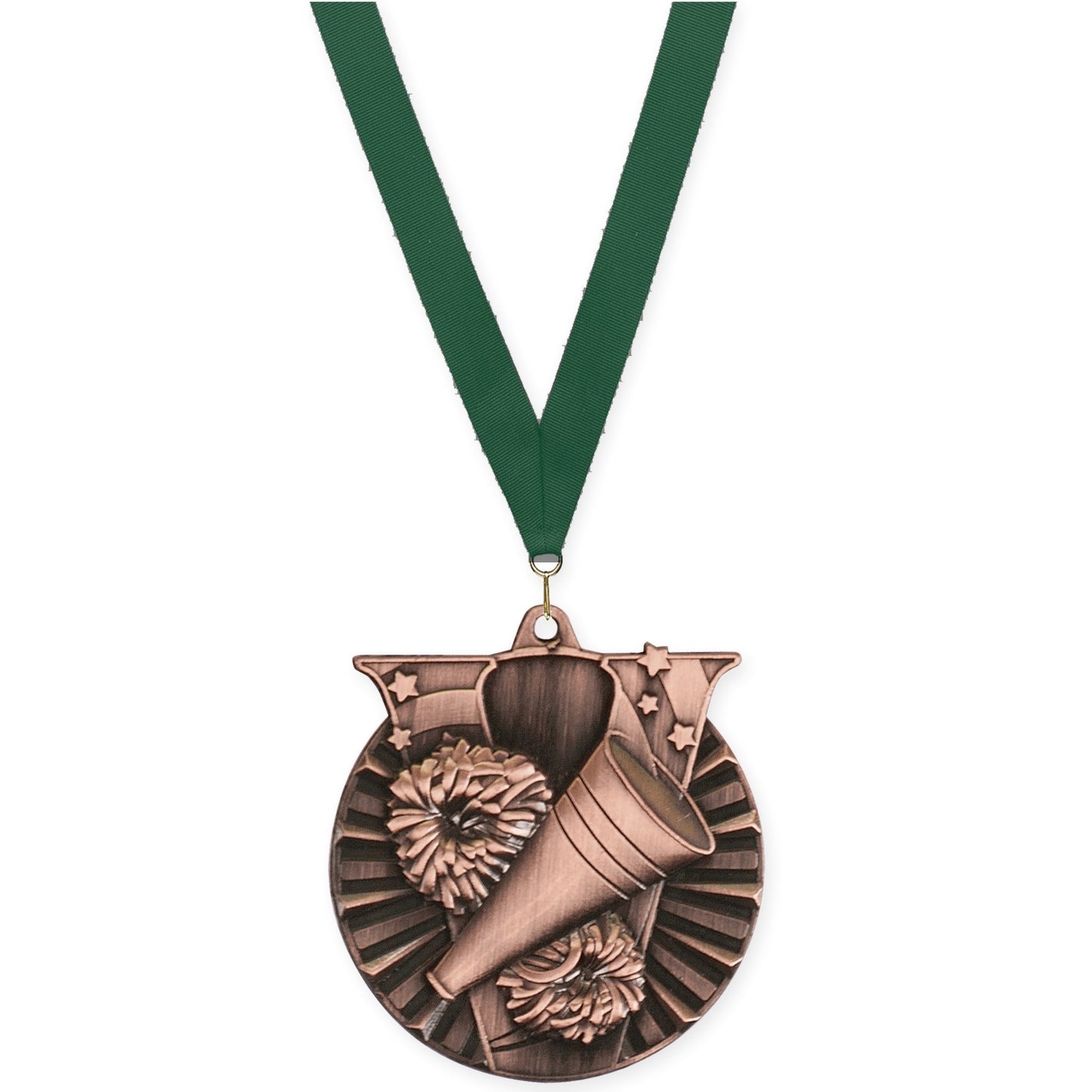 2 inch cheerleading Victory medal in antique bronze with Hunter Green neck ribbon