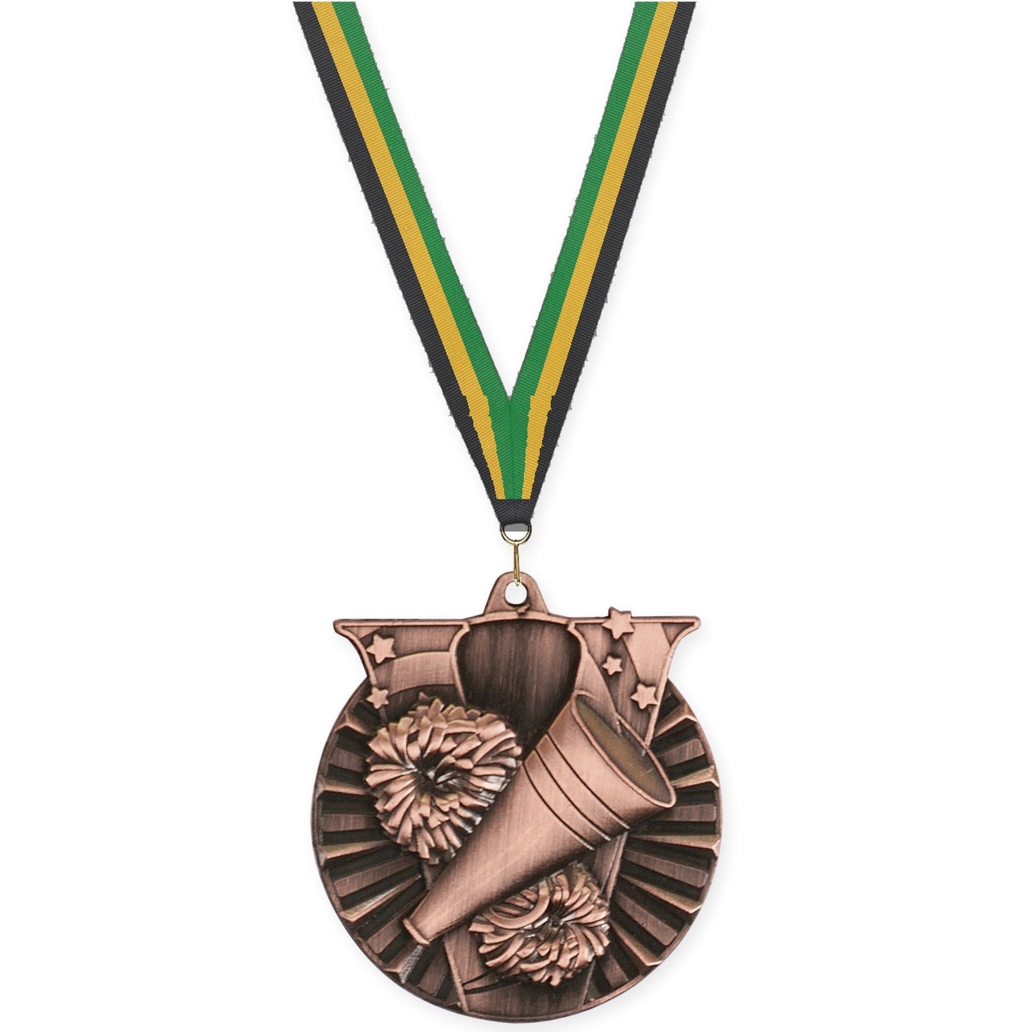 2 inch cheerleading Victory medal in antique bronze with Black Gold Green neck ribbon