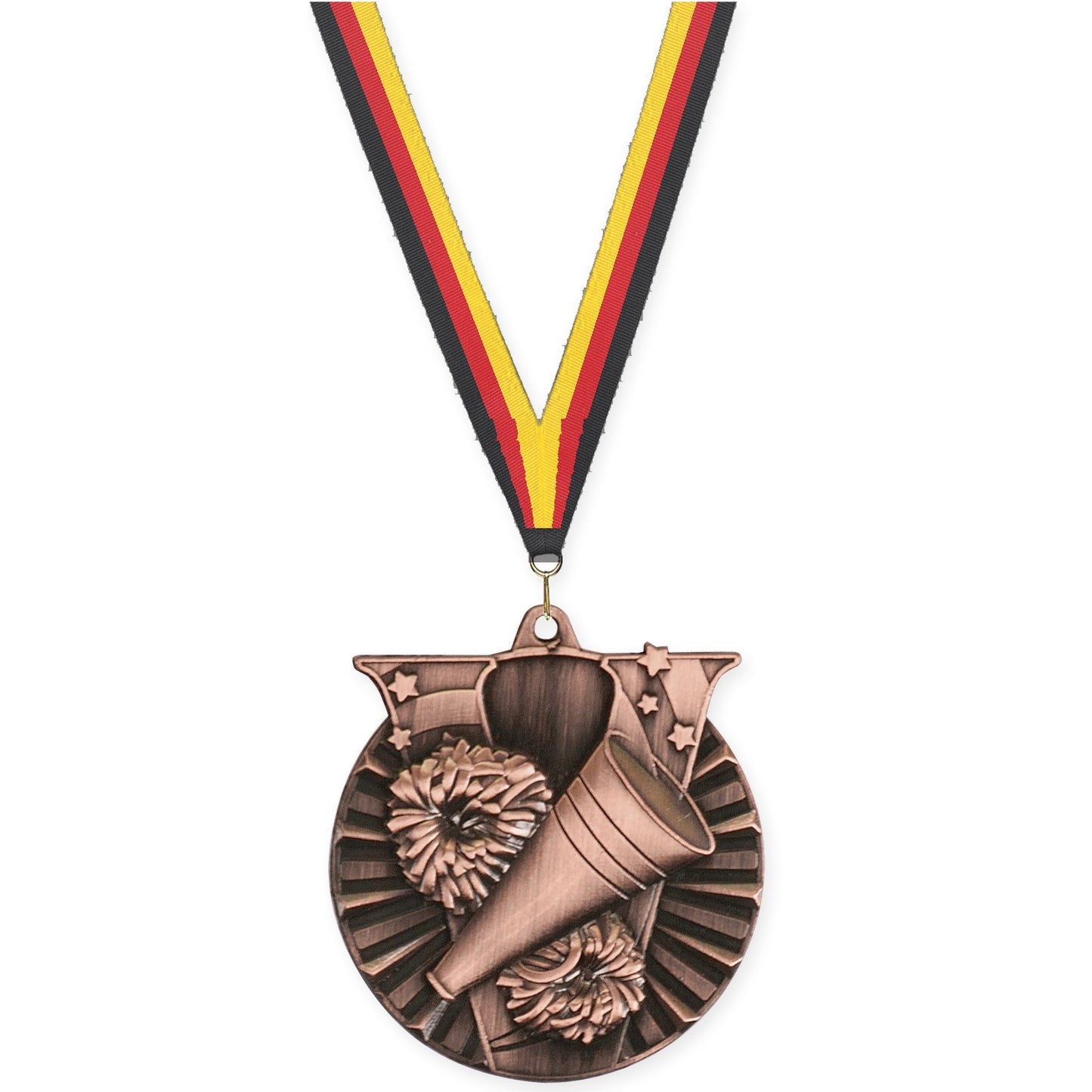 2 inch cheerleading Victory medal in antique bronze with Black Red Yellow neck ribbon