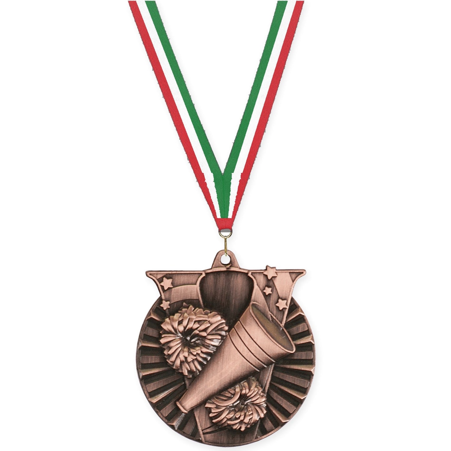 2 inch cheerleading Victory medal in antique bronze with Red White Green neck ribbon