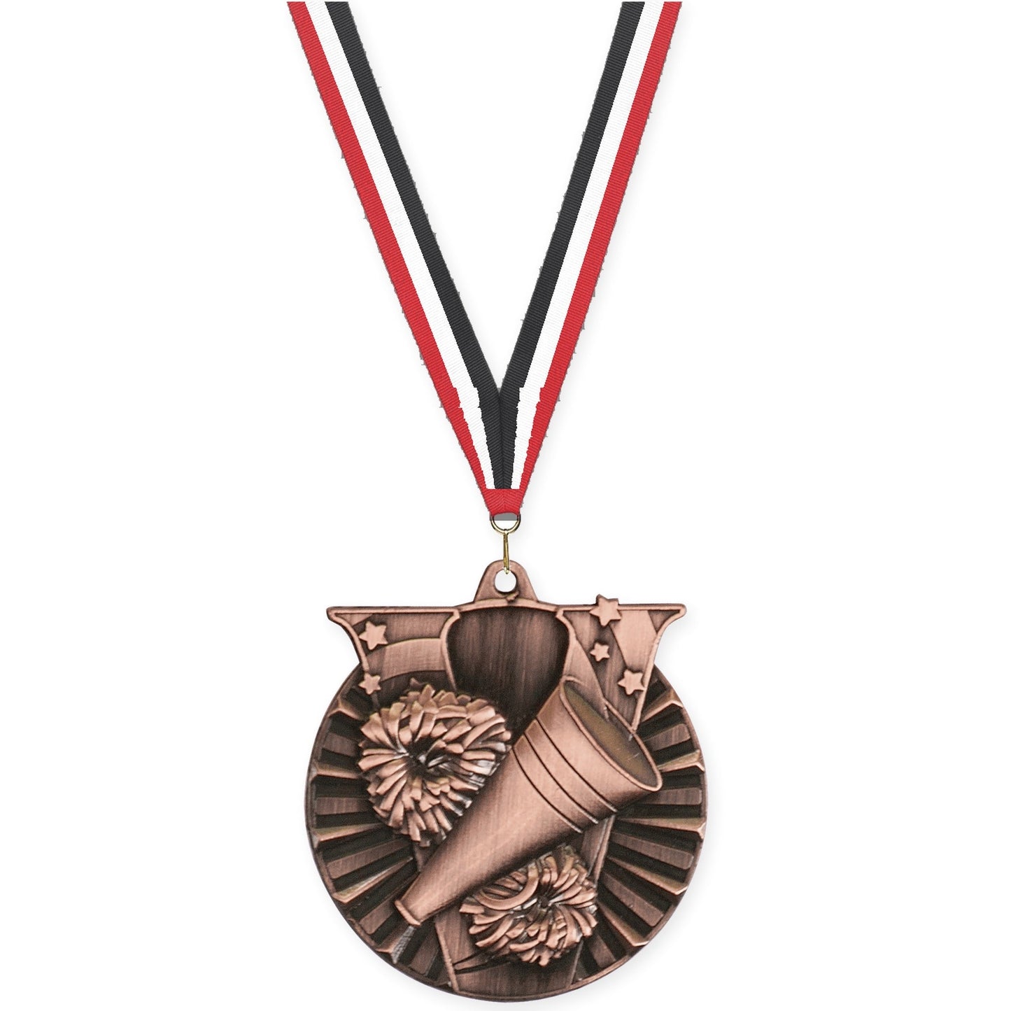 2 inch cheerleading Victory medal in antique bronze with Red White Black neck ribbon