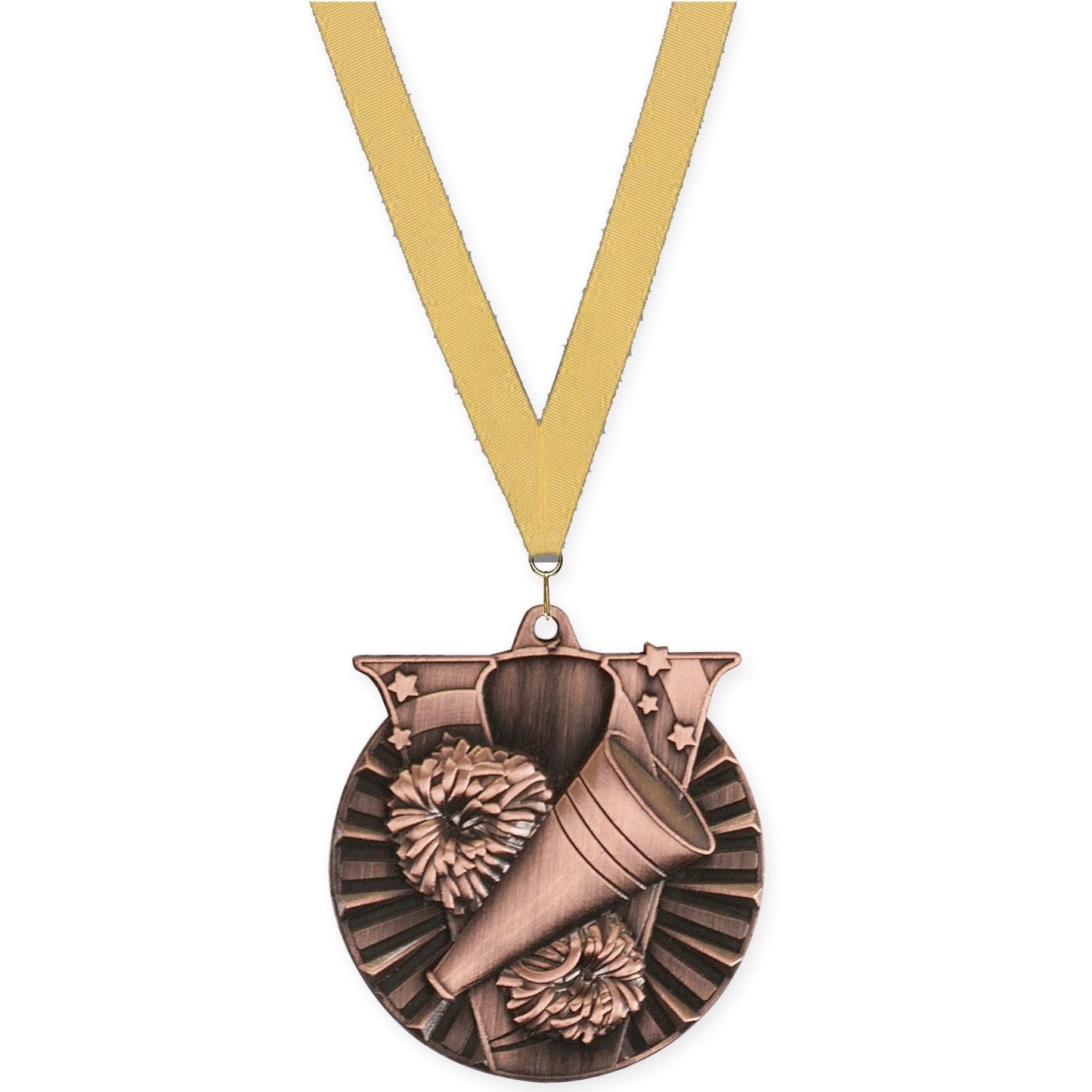 2 inch cheerleading Victory medal in antique bronze with Gold Metallic neck ribbon