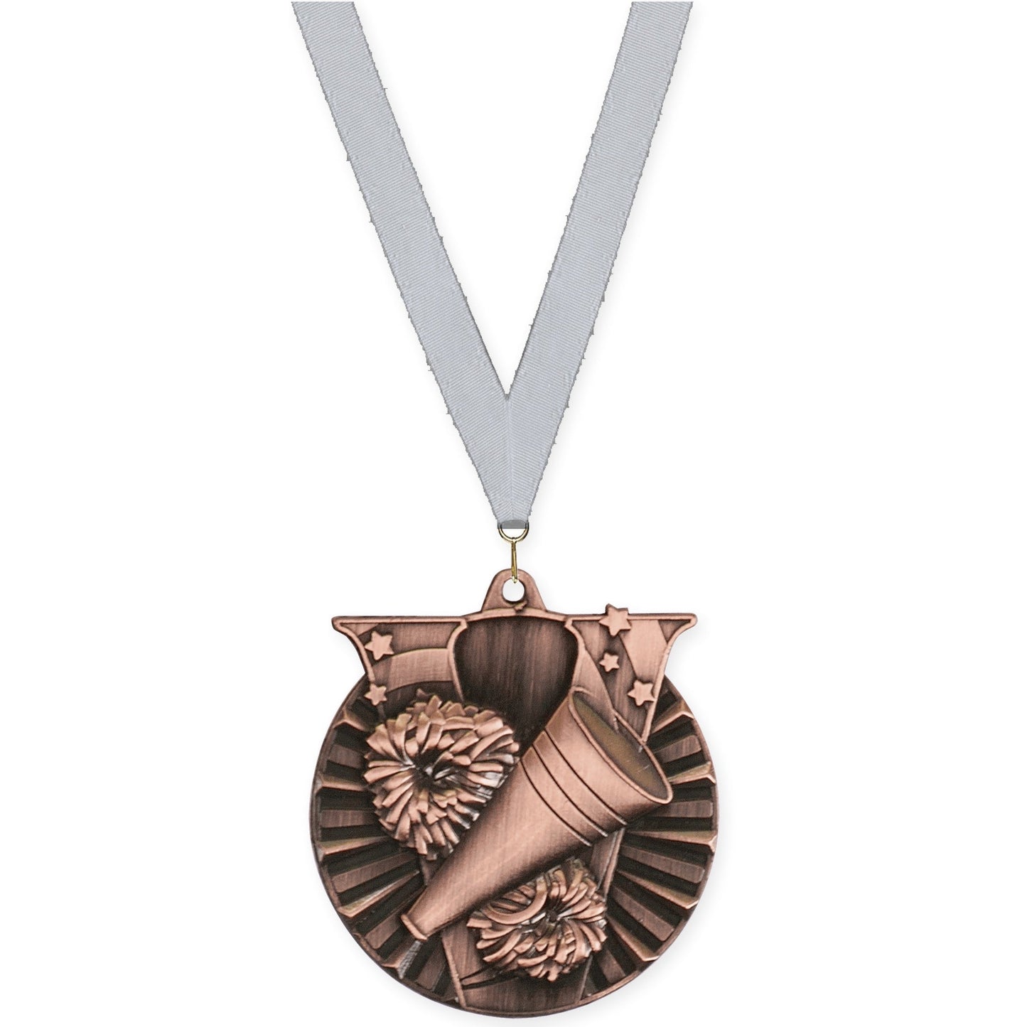 2 inch cheerleading Victory medal in antique bronze with Silver Metallic neck ribbon