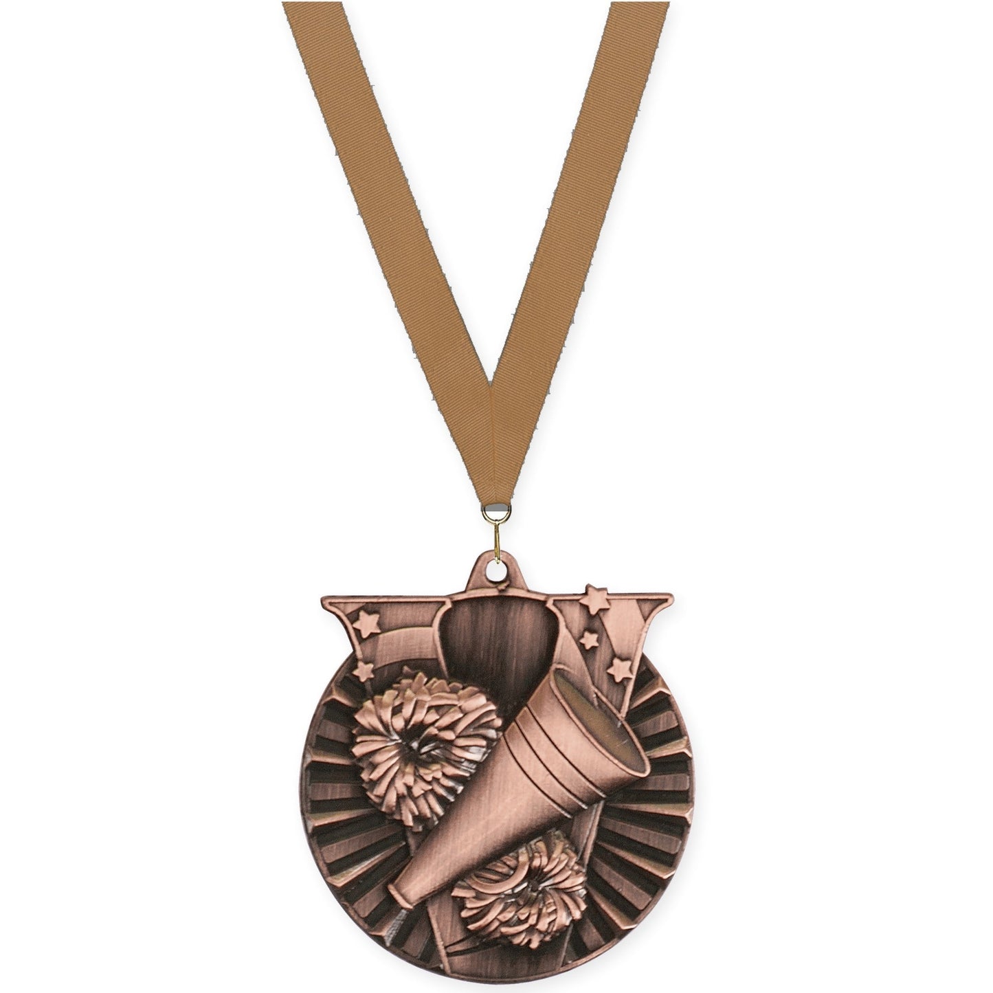 2 inch cheerleading Victory medal in antique bronze with Bronze Metallic neck ribbon