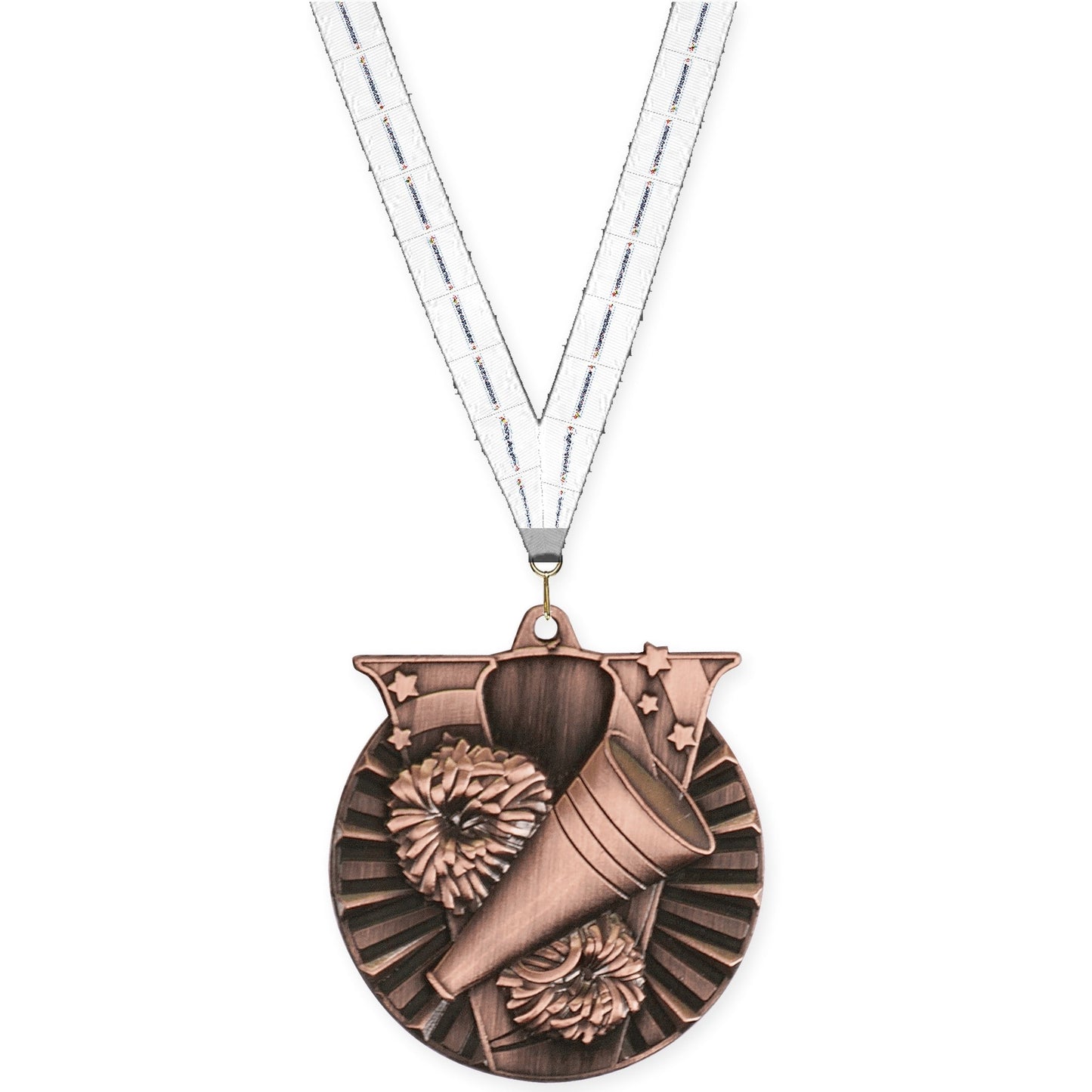 2 inch cheerleading Victory medal in antique bronze with Lamp Of Knowledge neck ribbon
