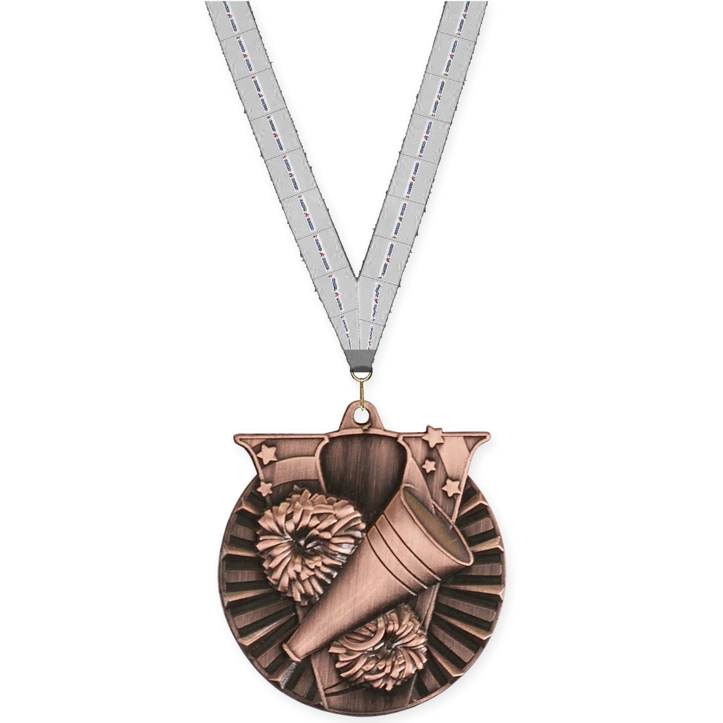 2 inch cheerleading Victory medal in antique bronze with Auto Racing neck ribbon