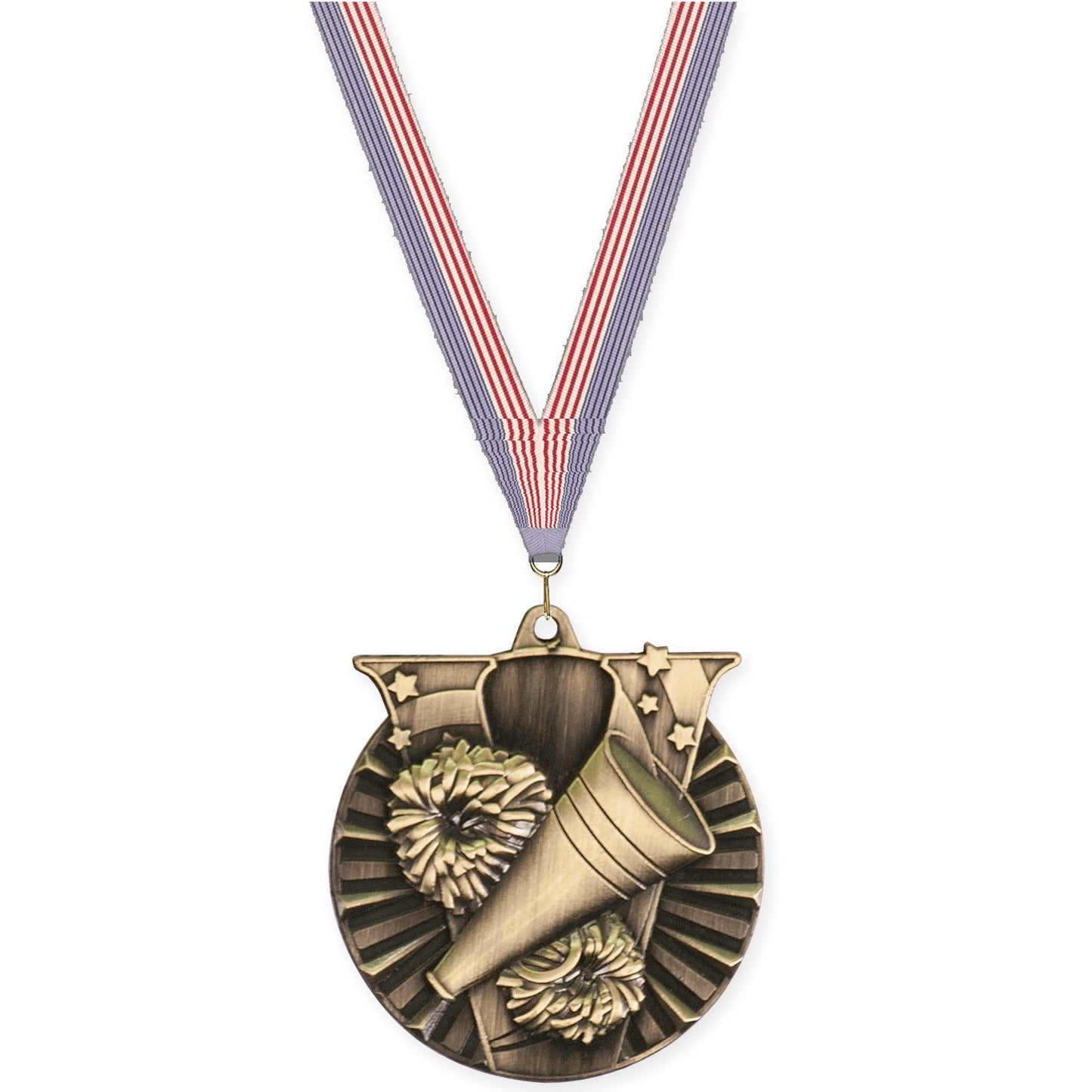 2 inch cheerleading Victory medal in antique gold with USA Flag neck ribbon