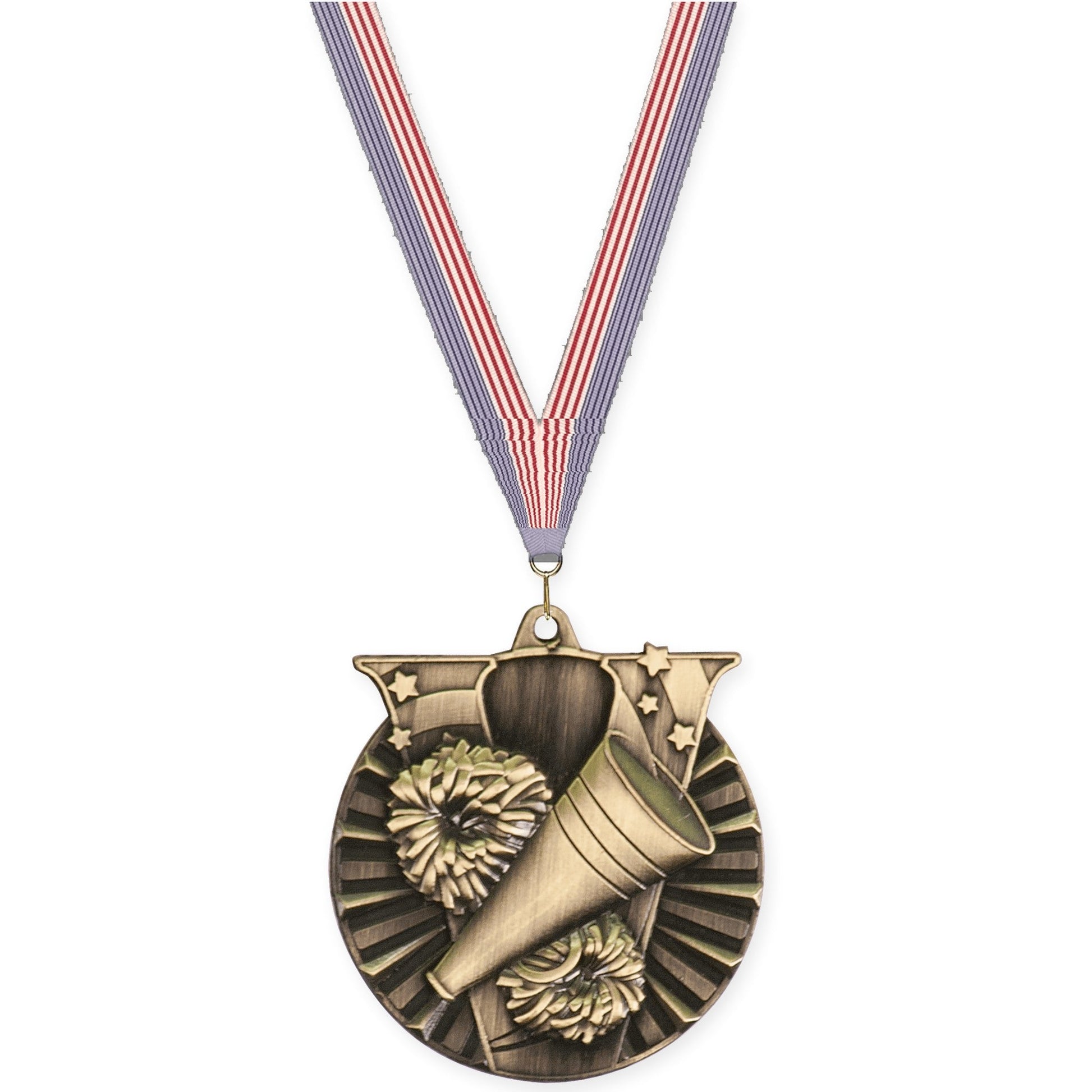 2 inch cheerleading Victory medal in antique gold with USA Flag neck ribbon