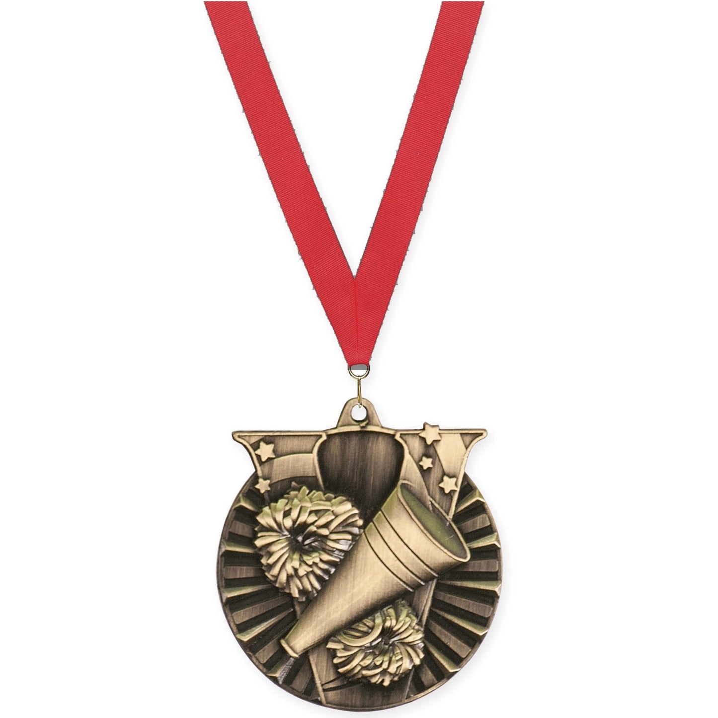 2 inch cheerleading Victory medal in antique gold with Red neck ribbon