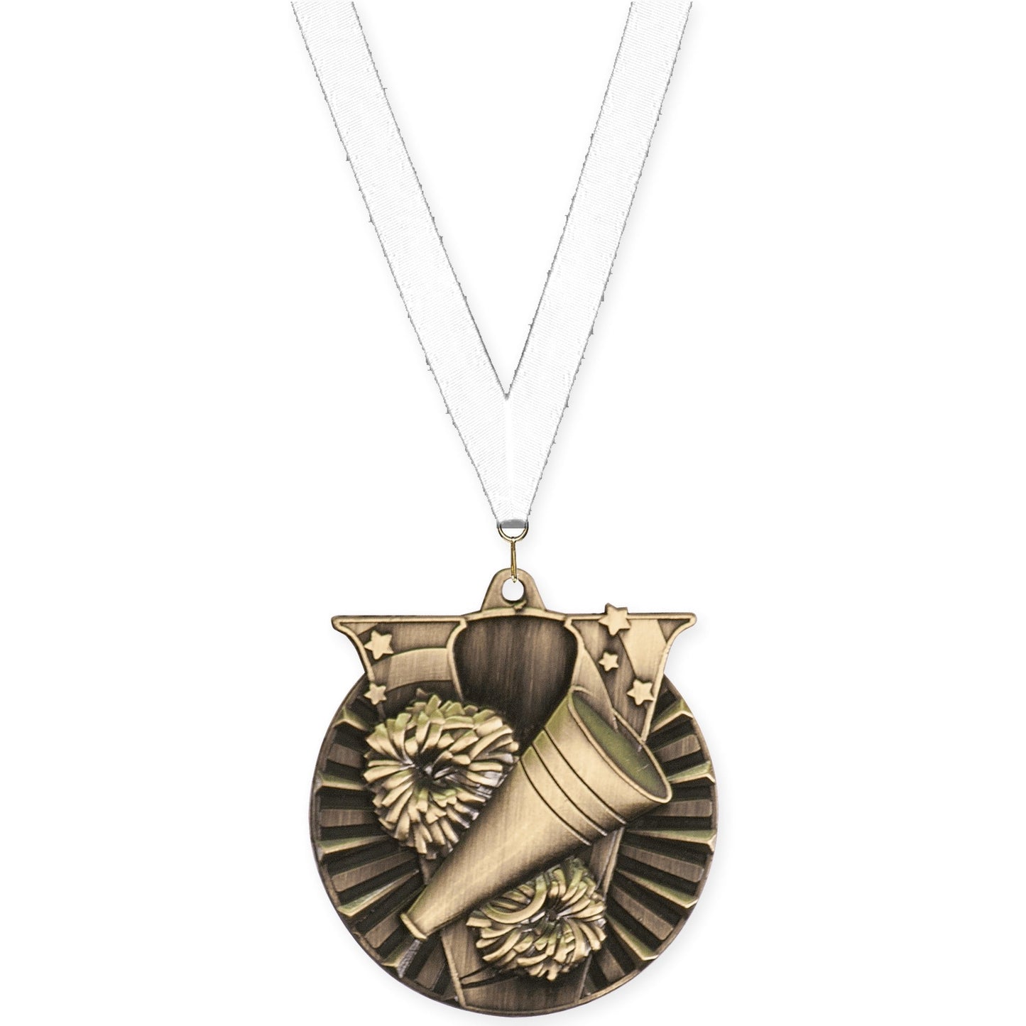 2 inch cheerleading Victory medal in antique gold with White neck ribbon